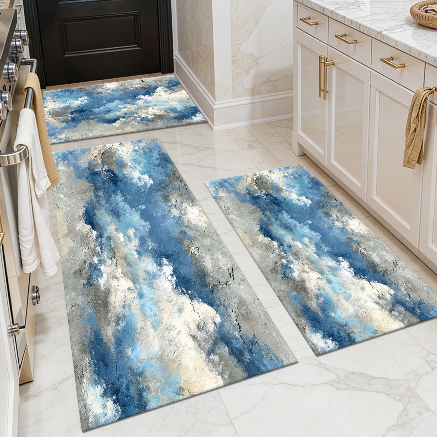 Three-piece kitchen rug set, non-slip and washable, abstract pattern kitchen hallway rug, soft and comfortable, suitable for sinks, floors, entrances, hallways and bathrooms.