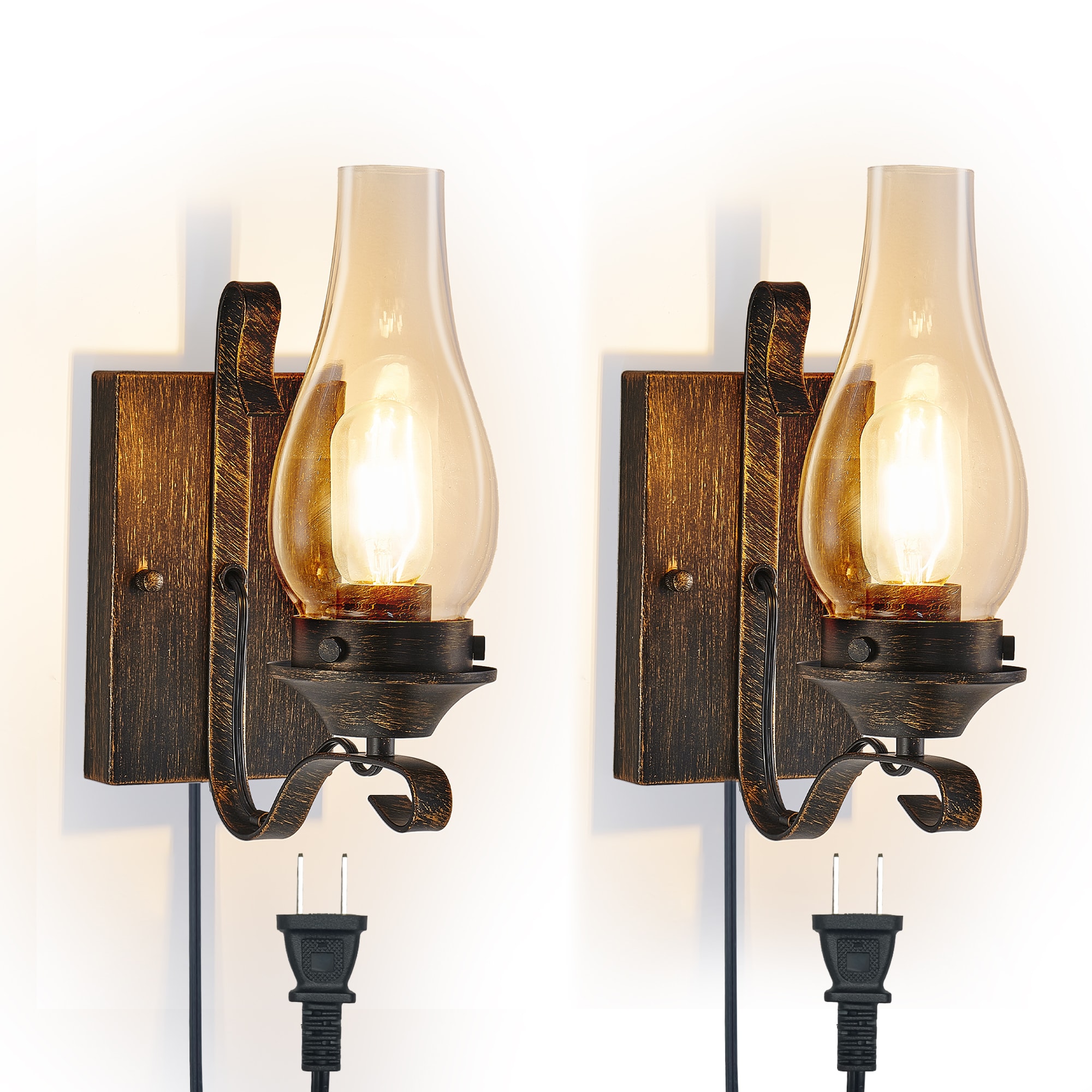 (Only Supports Plug-in) Rustic Farmhouse Wall Sconces Set of 2, Vintage Industrial Plug-in Wall Lights with Clear Glass Shade, Black and Gold Finish for Bedroom, Living Room, or Hallway (No Bulbs)