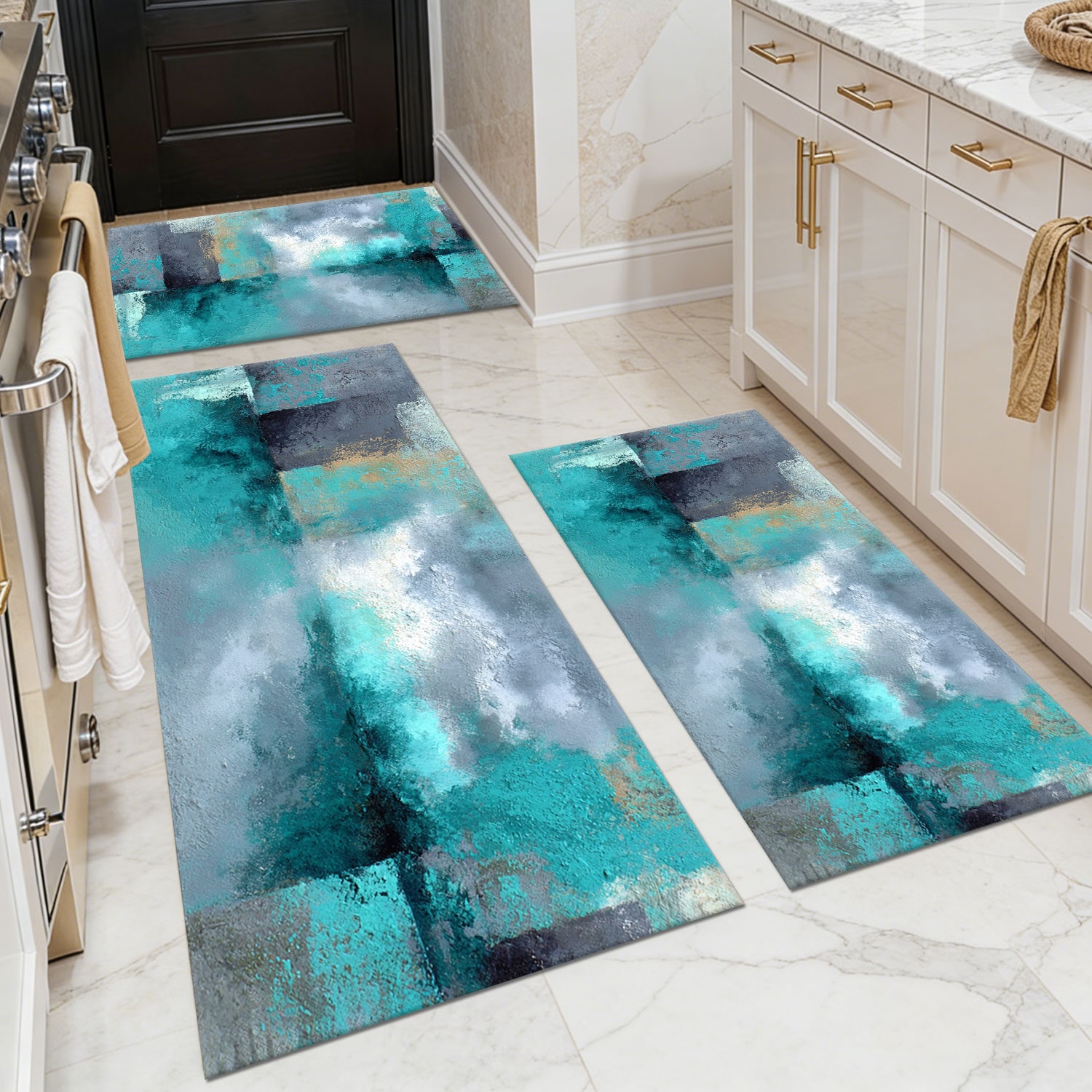 Three-piece kitchen rug set, non-slip and washable, abstract pattern kitchen hallway rug, soft and comfortable, suitable for sinks, floors, entrances, hallways and bathrooms.