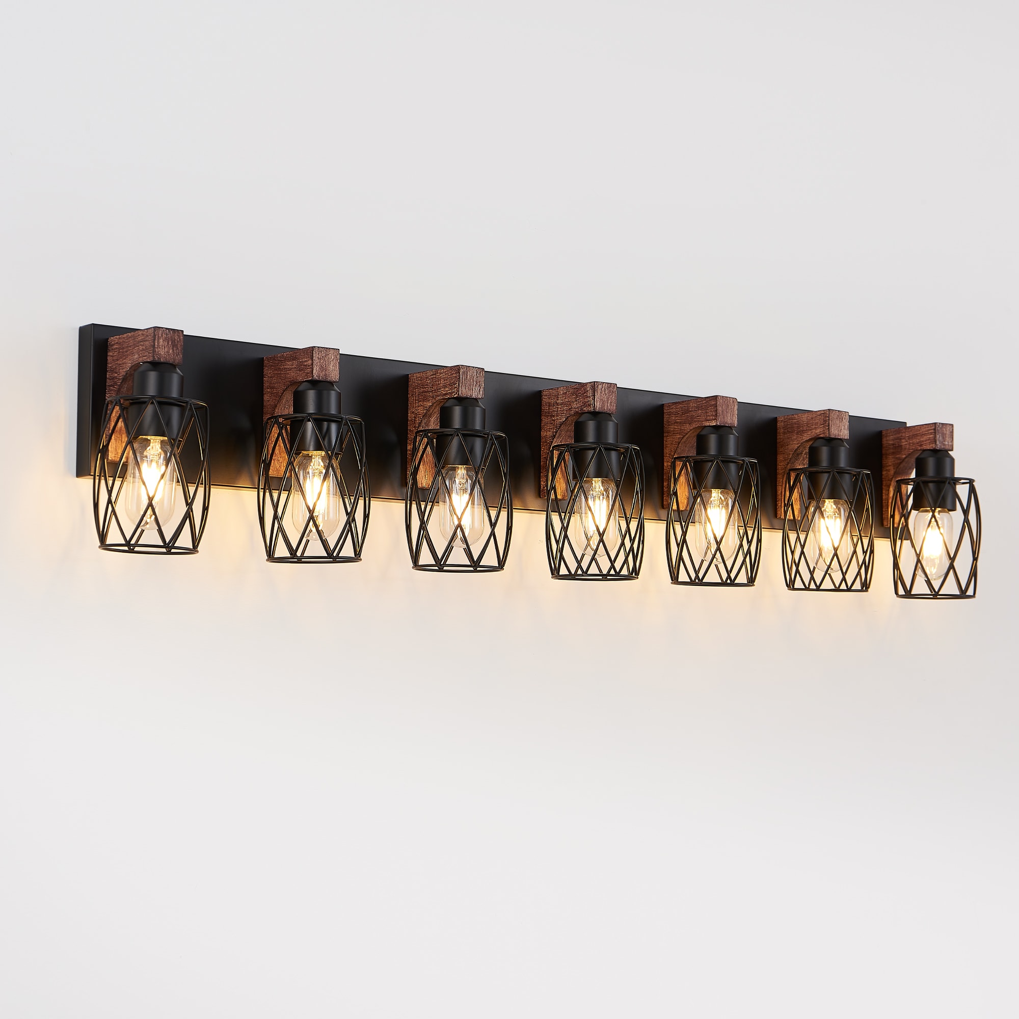 Industrial Vintage 7-Light Wall Sconce - Black Cage Wall Lighting Fixture with Wooden Accents for Bathroom, Hallway, or Living Room (Bulb Not Included)