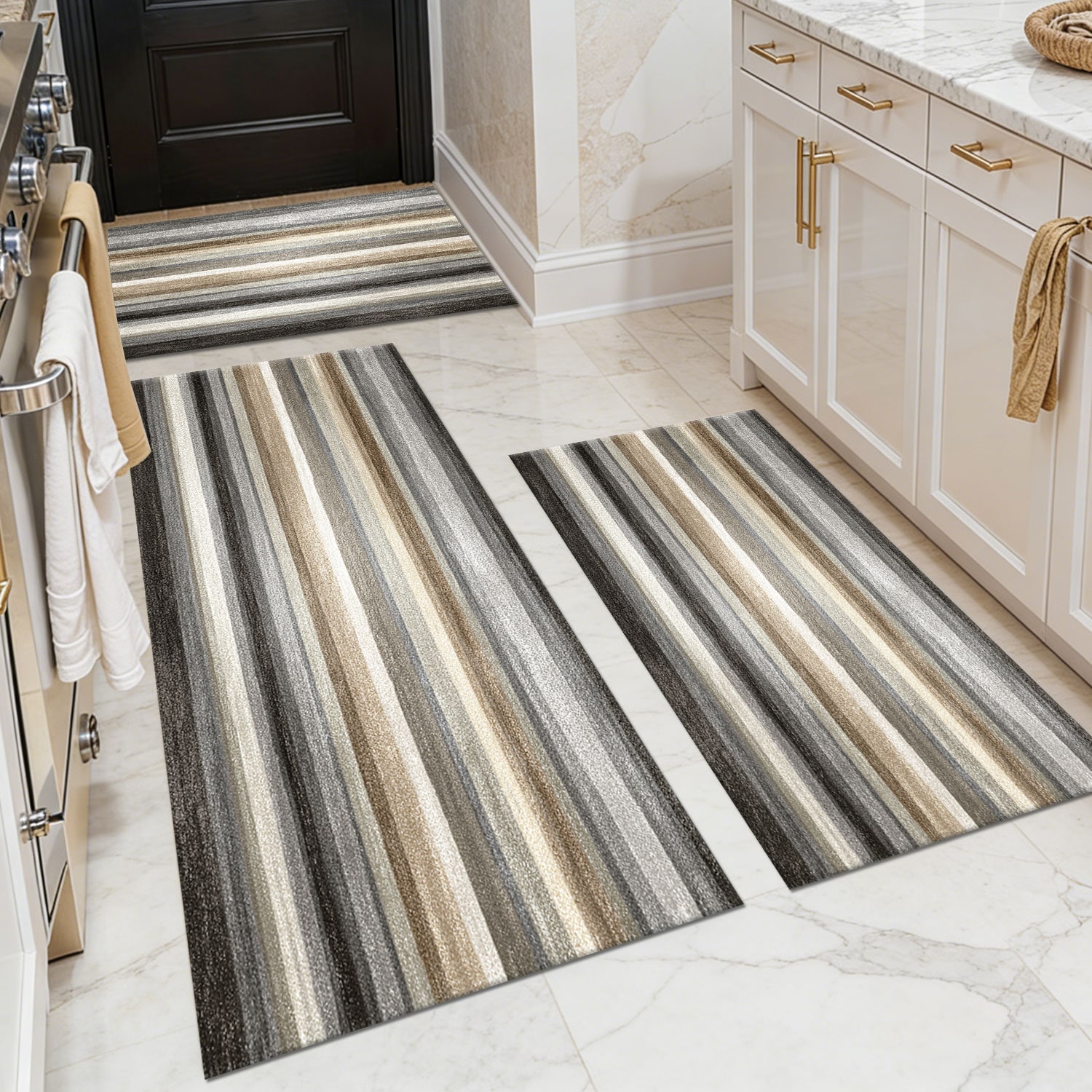 Three-piece kitchen rug set, non-slip and washable, abstract pattern kitchen hallway rug, soft and comfortable, suitable for sinks, floors, entrances, hallways and bathrooms.
