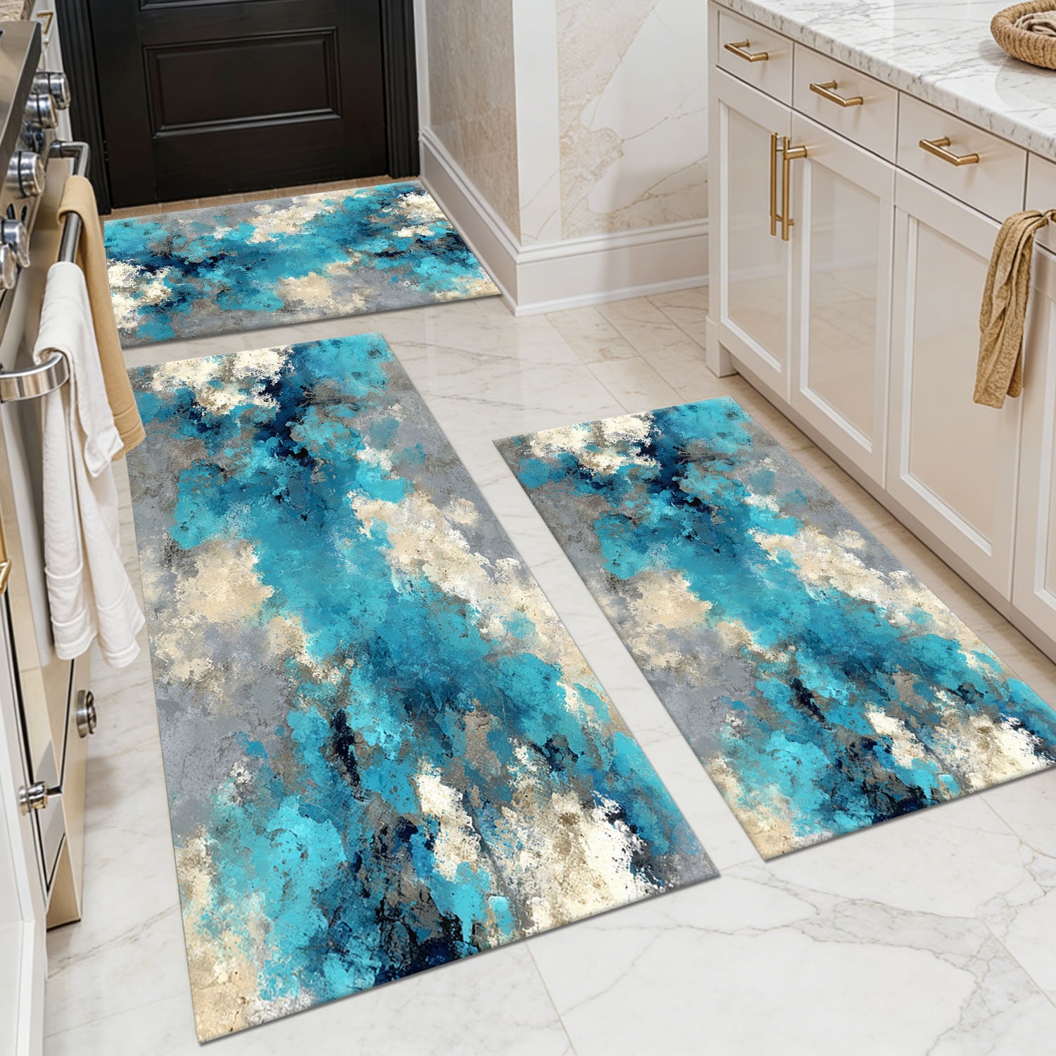 Three-piece kitchen rug set, non-slip and washable, abstract pattern kitchen hallway rug, soft and comfortable, suitable for sinks, floors, entrances, hallways and bathrooms.