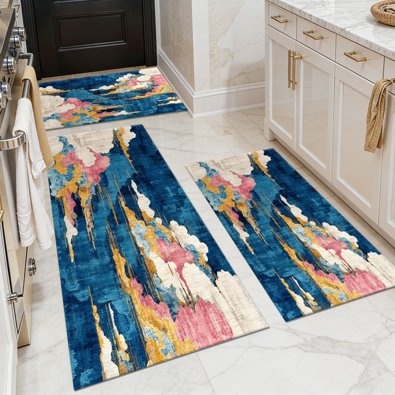 Three-piece kitchen rug set, non-slip and washable, abstract pattern kitchen hallway rug, soft and comfortable, suitable for sinks, floors, entrances, hallways and bathrooms.