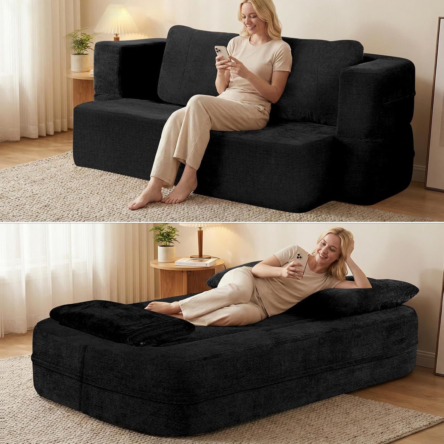 Convertible Sofa Bed with Blanket, Boneless Cloud Couch Queen Scott Fabric for Living Room Bedroom, Modular Loveseat with High-Density Solid Sponge No Assembly