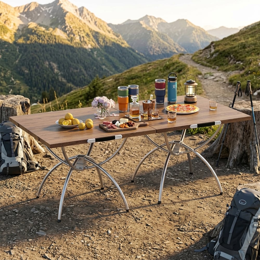 2 Pack Folding Camping Table with Wood-grain Tabletop for Hiking Party with The Carrying Bag for Beach, Picnic, Camping or BBQ