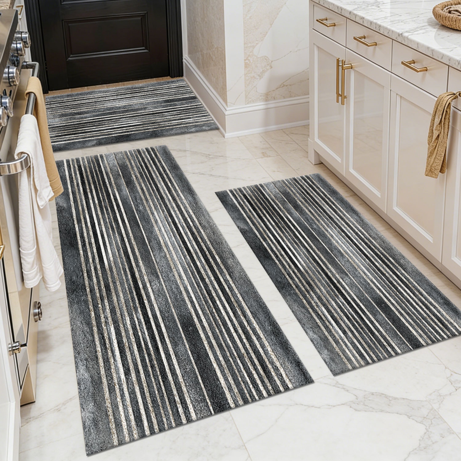 Three-piece kitchen rug set, non-slip and washable, abstract pattern kitchen hallway rug, soft and comfortable, suitable for sinks, floors, entrances, hallways and bathrooms.