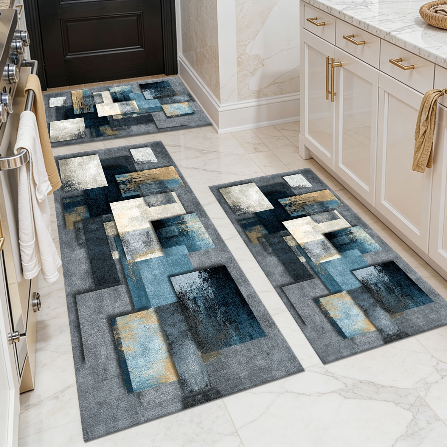Three-piece kitchen rug set, non-slip and washable, abstract pattern kitchen hallway rug, soft and comfortable, suitable for sinks, floors, entrances, hallways and bathrooms.