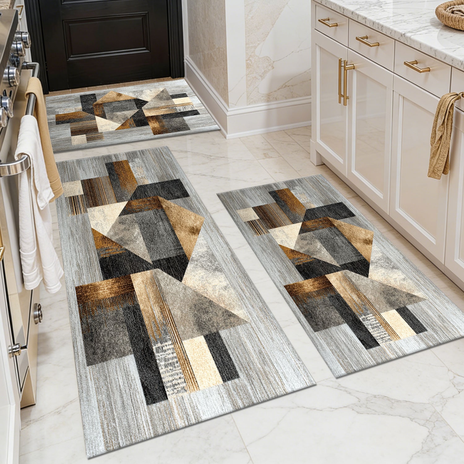 Three-piece kitchen rug set, non-slip and washable, abstract pattern kitchen hallway rug, soft and comfortable, suitable for sinks, floors, entrances, hallways and bathrooms.