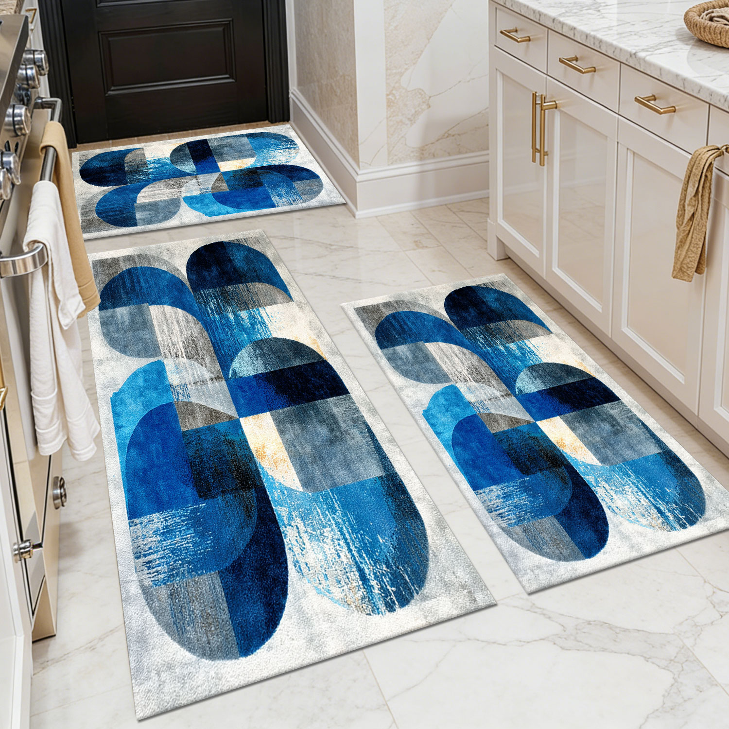 Three-piece kitchen rug set, non-slip and washable, abstract pattern kitchen hallway rug, soft and comfortable, suitable for sinks, floors, entrances, hallways and bathrooms.