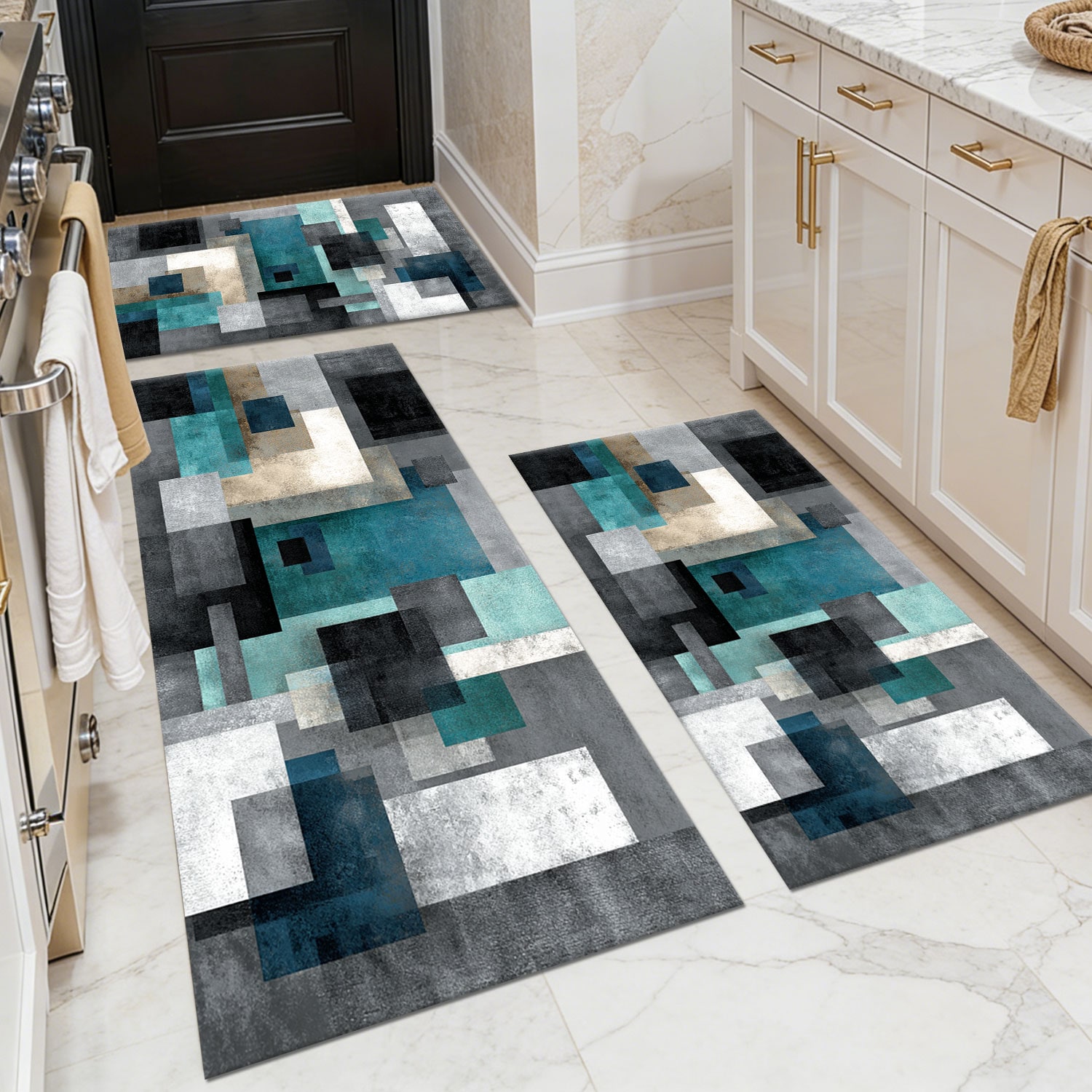 Three-piece kitchen rug set, non-slip and washable, abstract pattern kitchen hallway rug, soft and comfortable, suitable for sinks, floors, entrances, hallways and bathrooms.