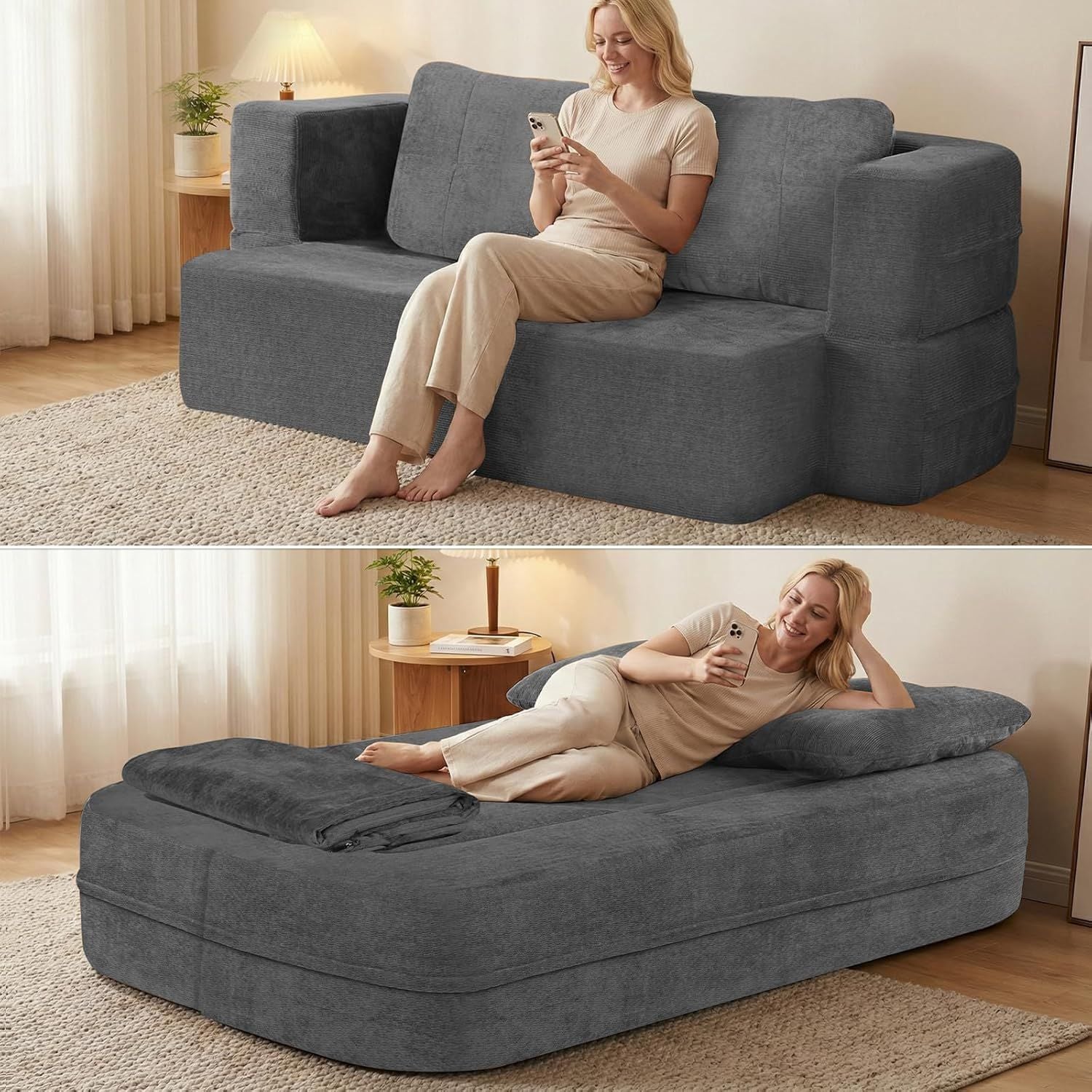 Convertible Sofa Bed with Blanket, Boneless Cloud Couch Queen Scott Fabric for Living Room Bedroom, Modular Loveseat with High-Density Solid Sponge No Assembly