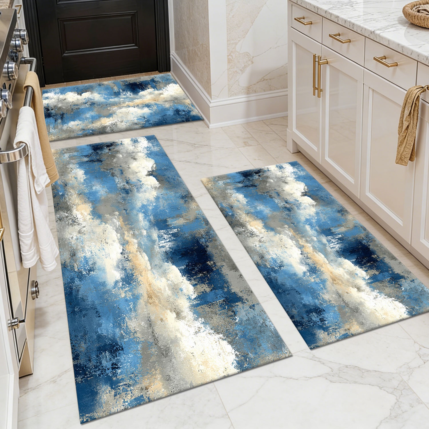Three-piece kitchen rug set, non-slip and washable, abstract pattern kitchen hallway rug, soft and comfortable, suitable for sinks, floors, entrances, hallways and bathrooms.