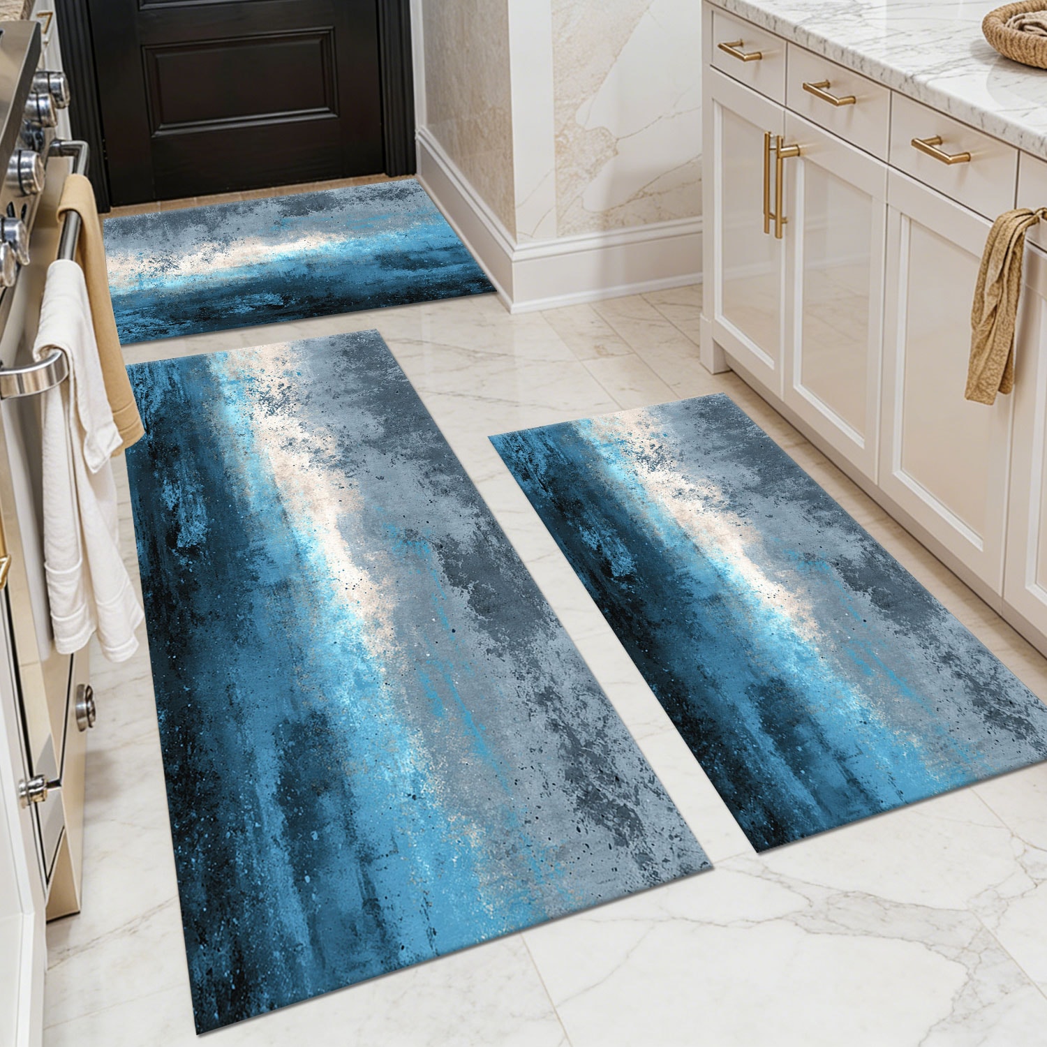 Three-piece kitchen rug set, non-slip and washable, abstract pattern kitchen hallway rug, soft and comfortable, suitable for sinks, floors, entrances, hallways and bathrooms.