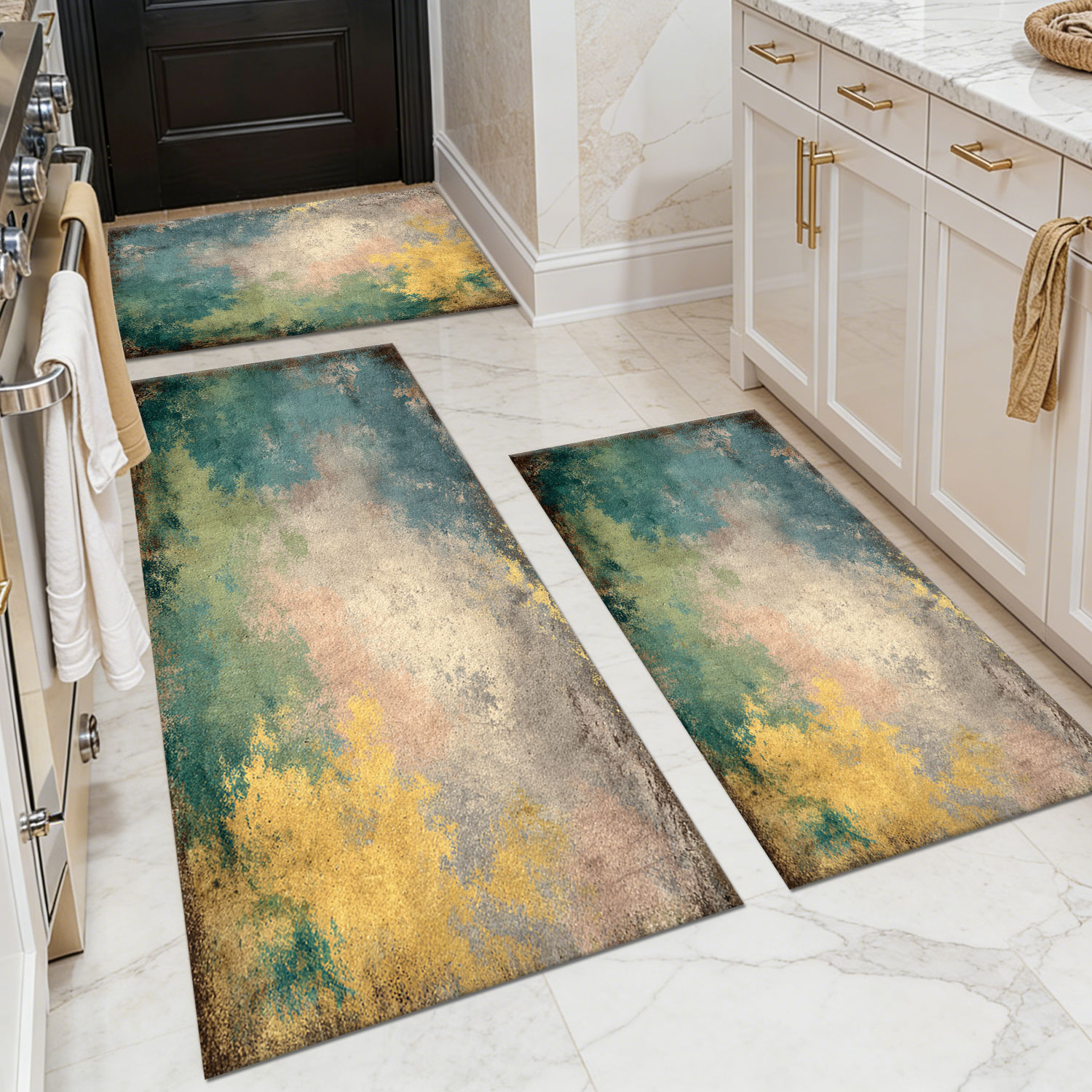 Three-piece kitchen rug set, non-slip and washable, abstract pattern kitchen hallway rug, soft and comfortable, suitable for sinks, floors, entrances, hallways and bathrooms.