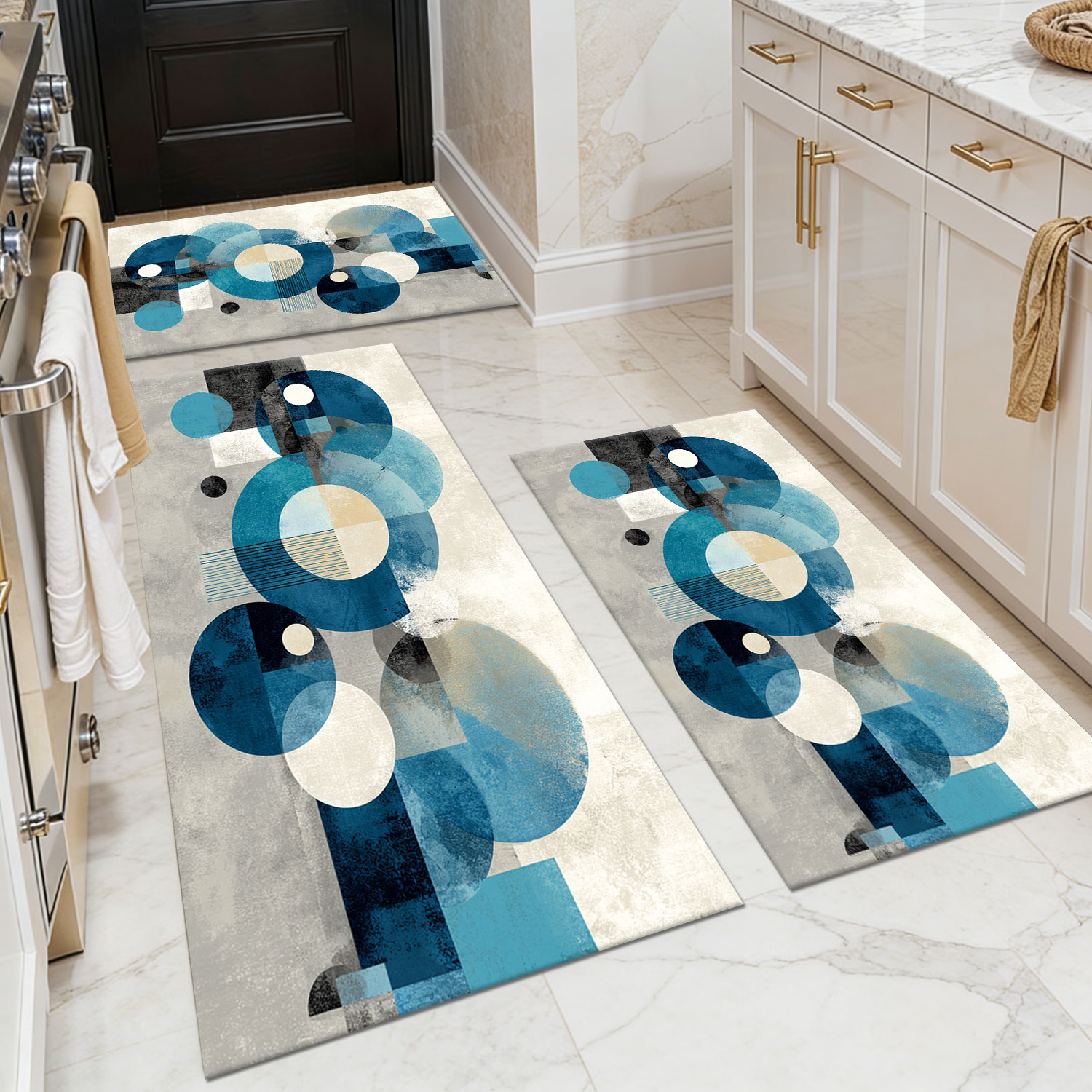 Three-piece kitchen rug set, non-slip and washable, abstract pattern kitchen hallway rug, soft and comfortable, suitable for sinks, floors, entrances, hallways and bathrooms.