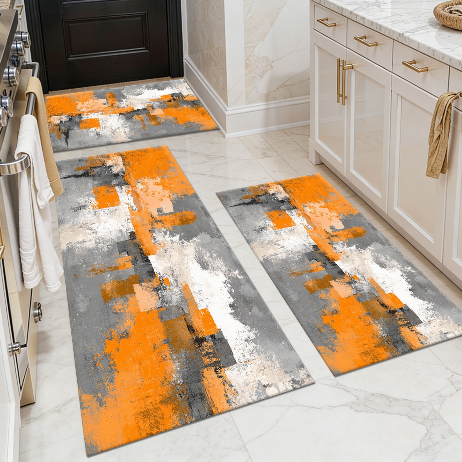Three-piece kitchen rug set, non-slip and washable, abstract pattern kitchen hallway rug, soft and comfortable, suitable for sinks, floors, entrances, hallways and bathrooms.