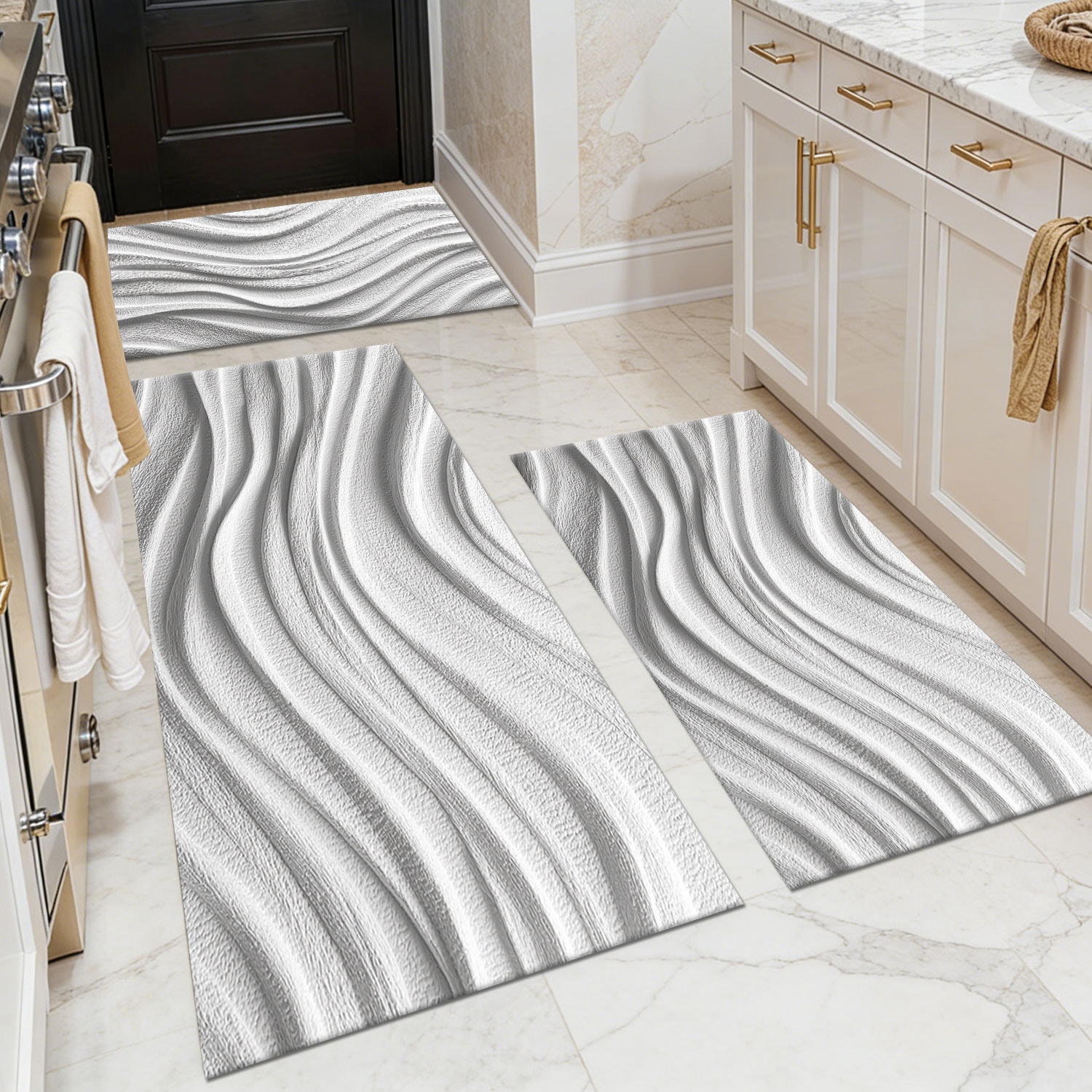 Three-piece kitchen rug set, non-slip and washable, abstract pattern kitchen hallway rug, soft and comfortable, suitable for sinks, floors, entrances, hallways and bathrooms.