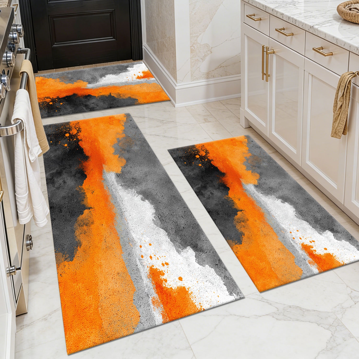 Three-piece kitchen rug set, non-slip and washable, abstract pattern kitchen hallway rug, soft and comfortable, suitable for sinks, floors, entrances, hallways and bathrooms.