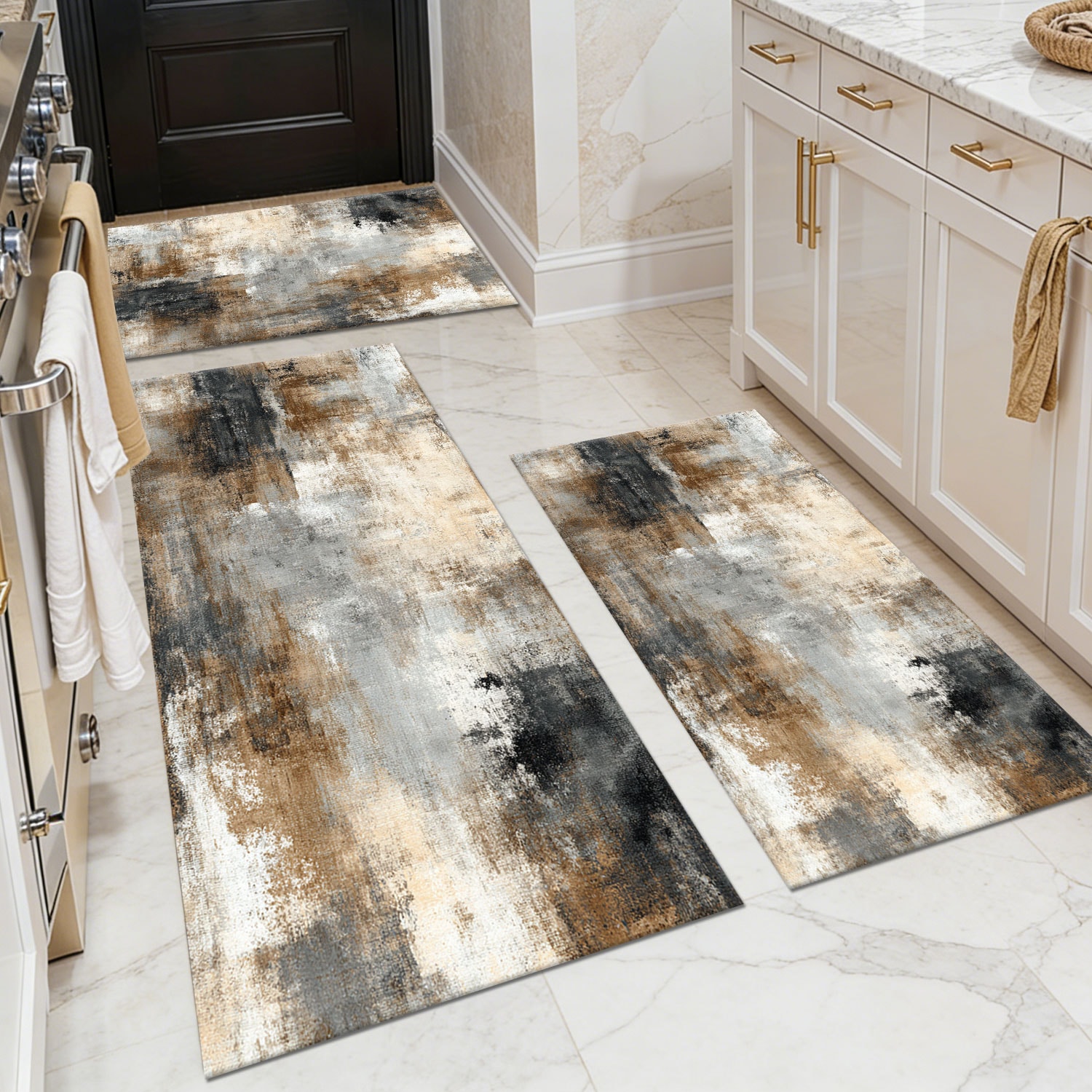 Three-piece kitchen rug set, non-slip and washable, abstract pattern kitchen hallway rug, soft and comfortable, suitable for sinks, floors, entrances, hallways and bathrooms.