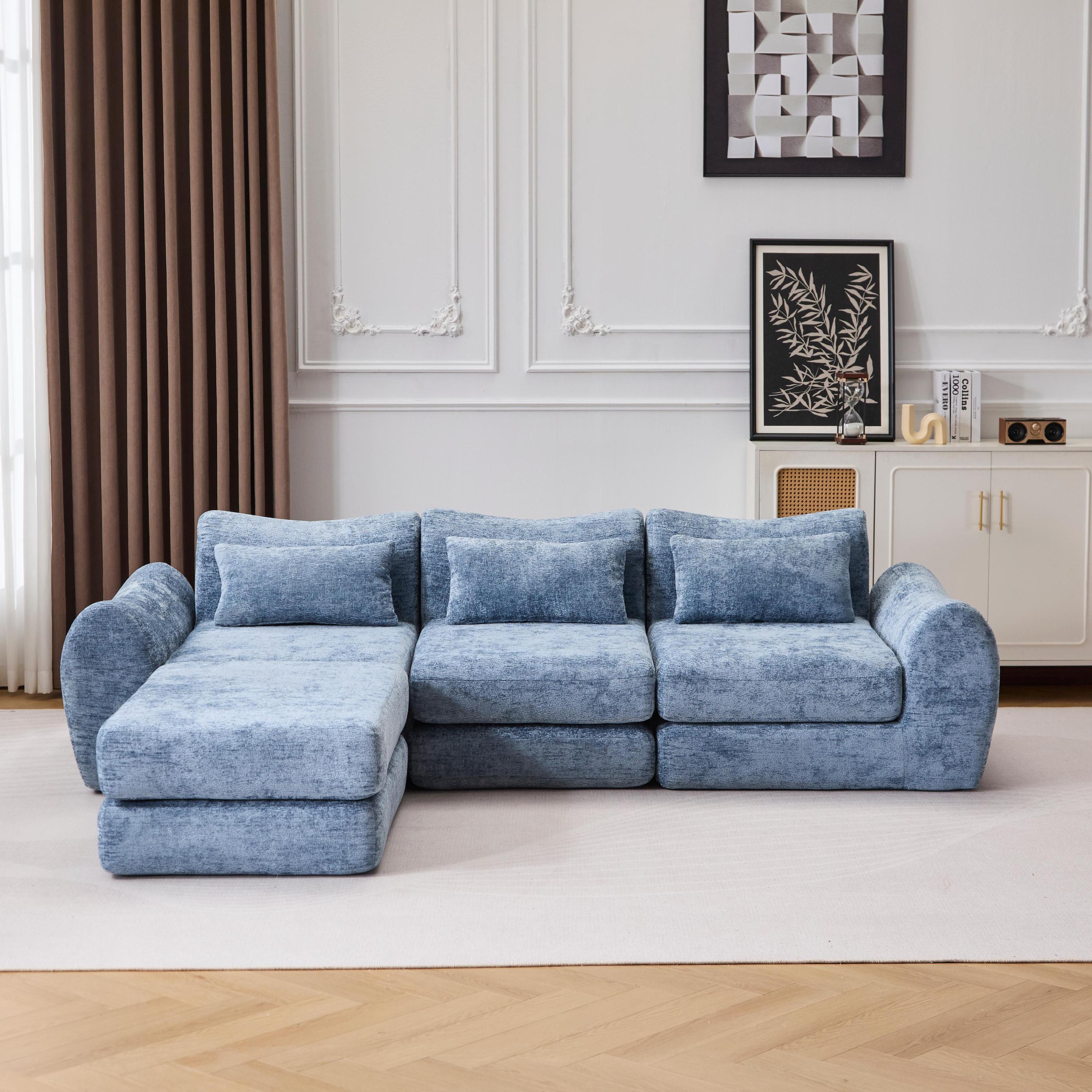 Foldable Wave Star Modular Sofa, Chenille Fabric for Living Room & Bedroom, Instant Expansion Comfortable Creative Furniture with 1 Middle Seat, 1 Ottoman and 1 Side