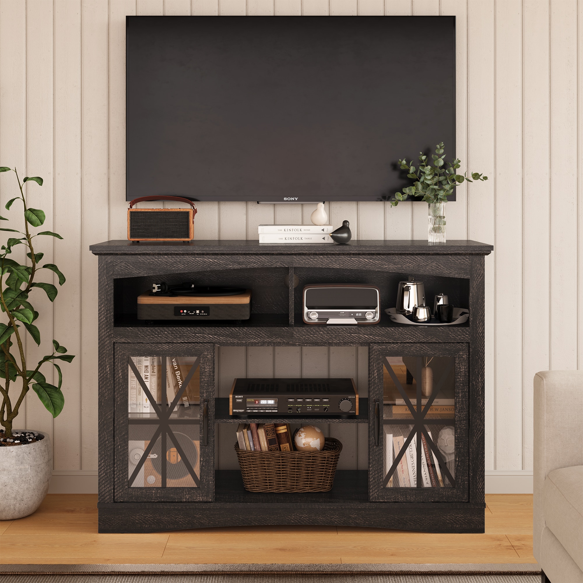 47'' Farmhouse TV Stand with Adjustable Shelves, Retro TV Console with Glass Doors & LED Lights, Media Entertainment Center Storage Cabinet for Living Room, Bedroom, Kitchen, Brown