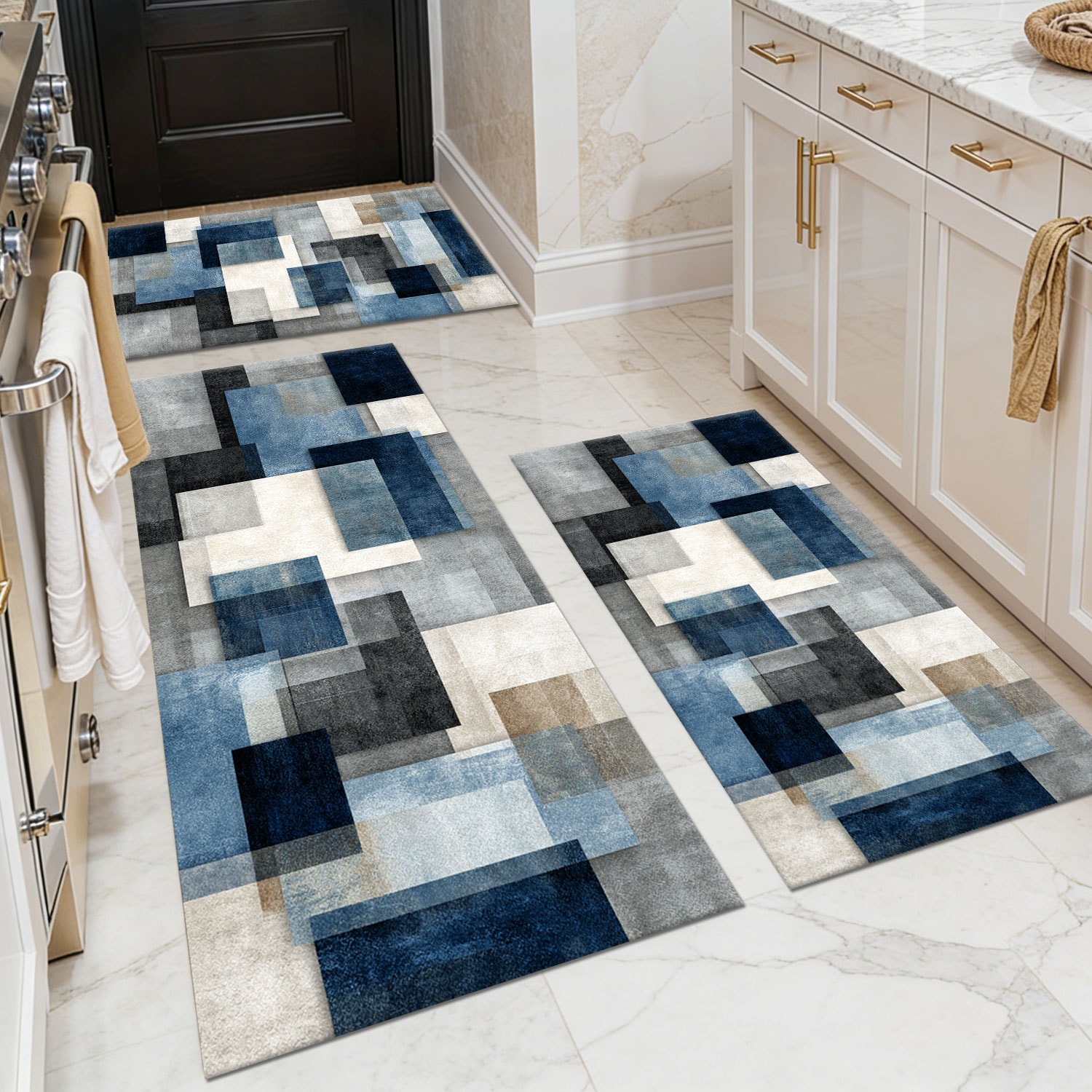 Three-piece kitchen rug set, non-slip and washable, abstract pattern kitchen hallway rug, soft and comfortable, suitable for sinks, floors, entrances, hallways and bathrooms.