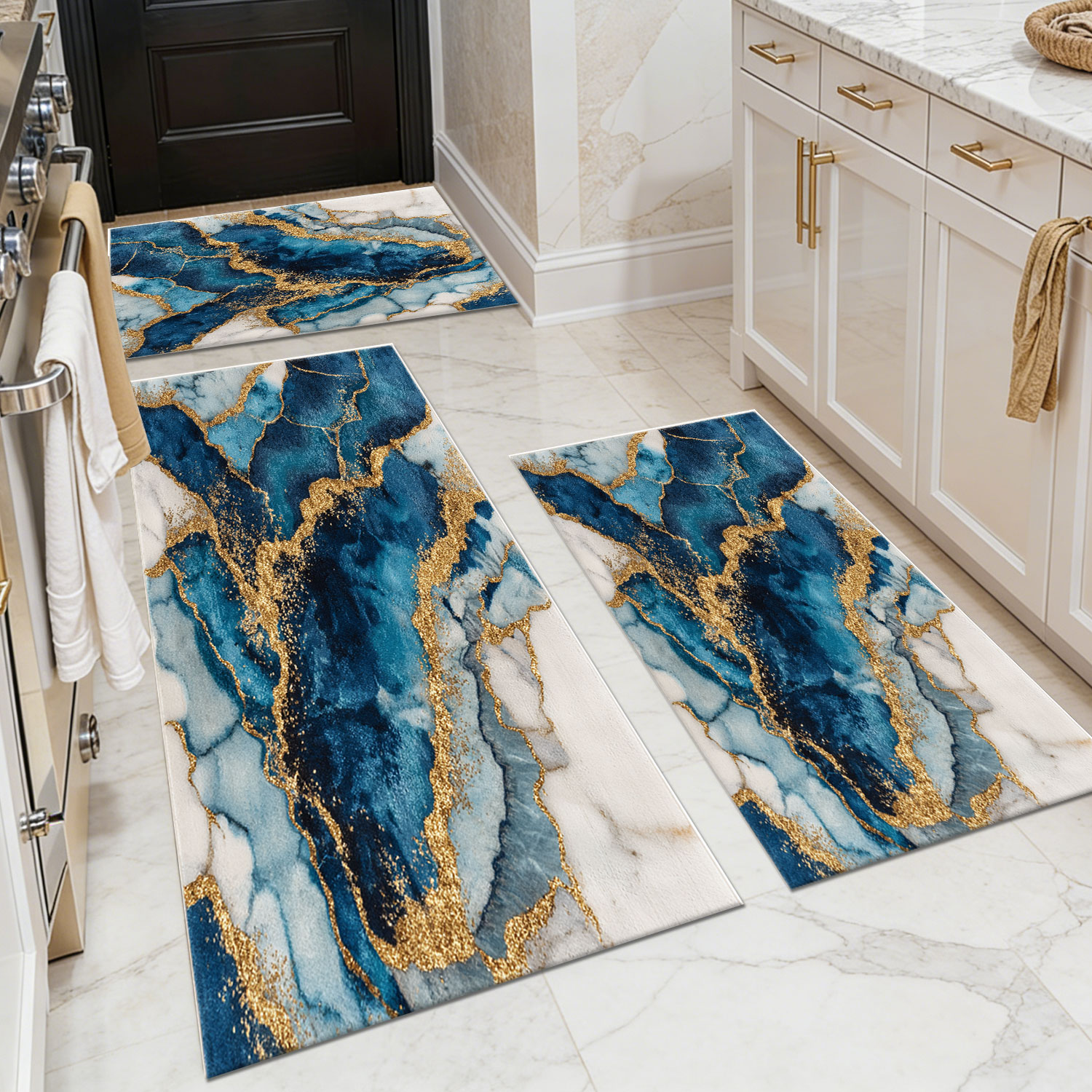 Three-piece kitchen rug set, non-slip and washable, abstract pattern kitchen hallway rug, soft and comfortable, suitable for sinks, floors, entrances, hallways and bathrooms.