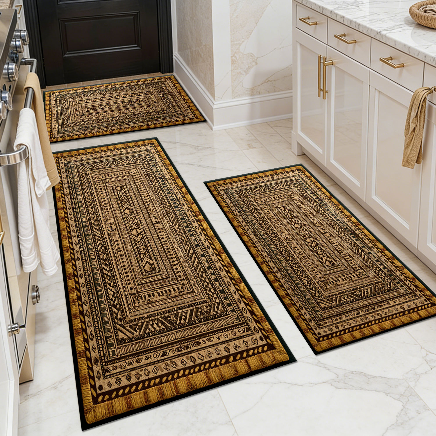 Three-piece kitchen rug set, non-slip and washable, abstract pattern kitchen hallway rug, soft and comfortable, suitable for sinks, floors, entrances, hallways and bathrooms.