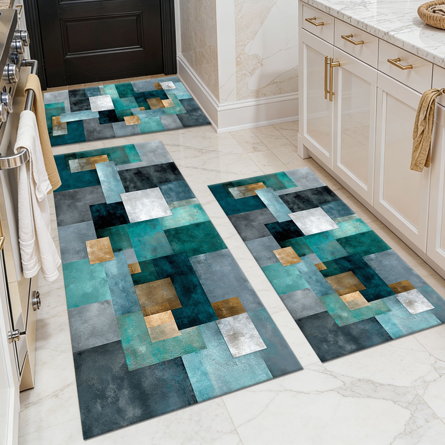 Three-piece kitchen rug set, non-slip and washable, abstract pattern kitchen hallway rug, soft and comfortable, suitable for sinks, floors, entrances, hallways and bathrooms.