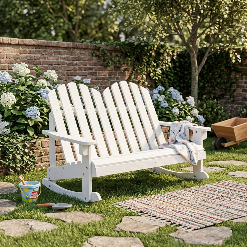 Outdoor 2 Person Kid Adirondack Rocking Chair Backrest Armrest Solid Wood Coffee for up 220lbs for outdoor places, such as backyard, poolside