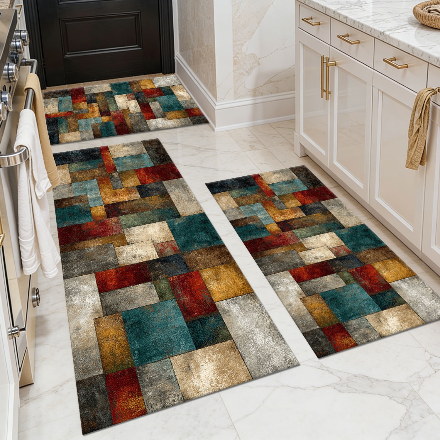 Three-piece kitchen rug set, non-slip and washable, abstract pattern kitchen hallway rug, soft and comfortable, suitable for sinks, floors, entrances, hallways and bathrooms.