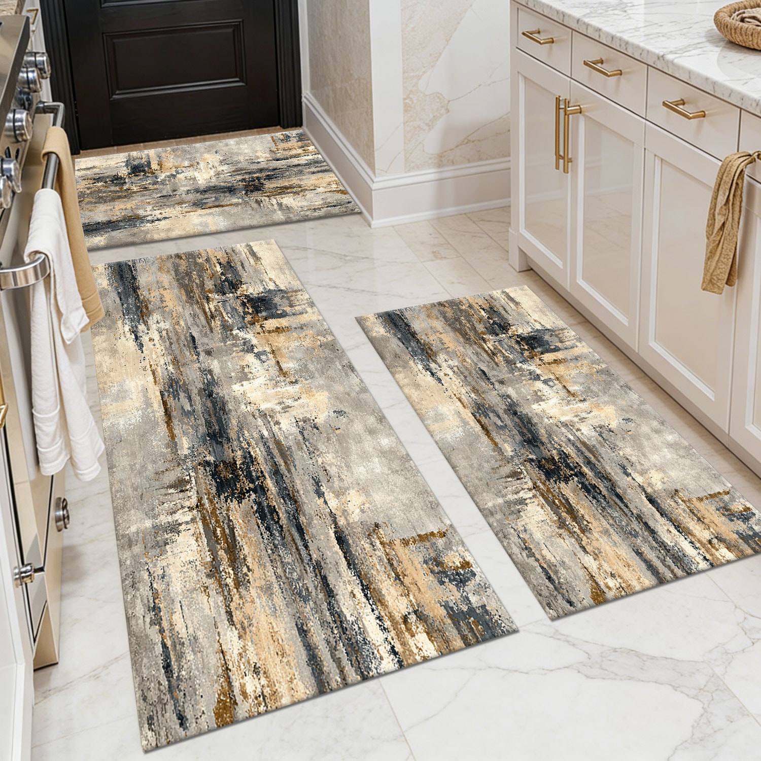 Three-piece kitchen rug set, non-slip and washable, abstract pattern kitchen hallway rug, soft and comfortable, suitable for sinks, floors, entrances, hallways and bathrooms.
