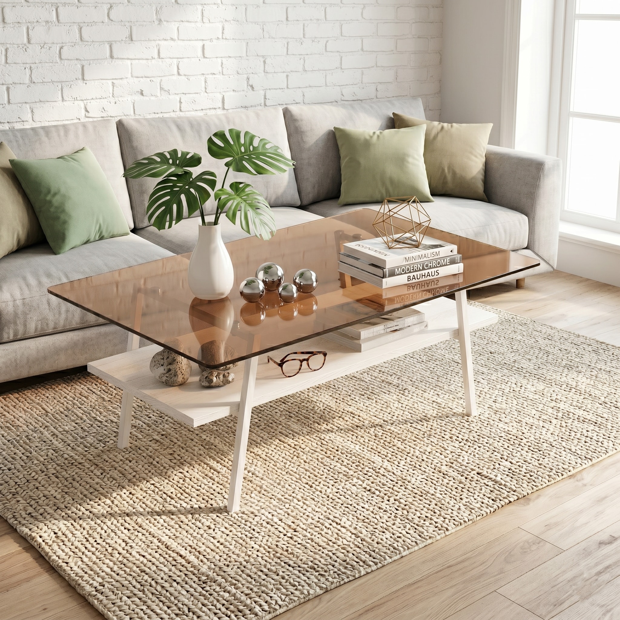 Rectangle Coffee Table, Tempered Glass Tabletop with White Metal Legs, Modern Table for Living Room , Brown Glass