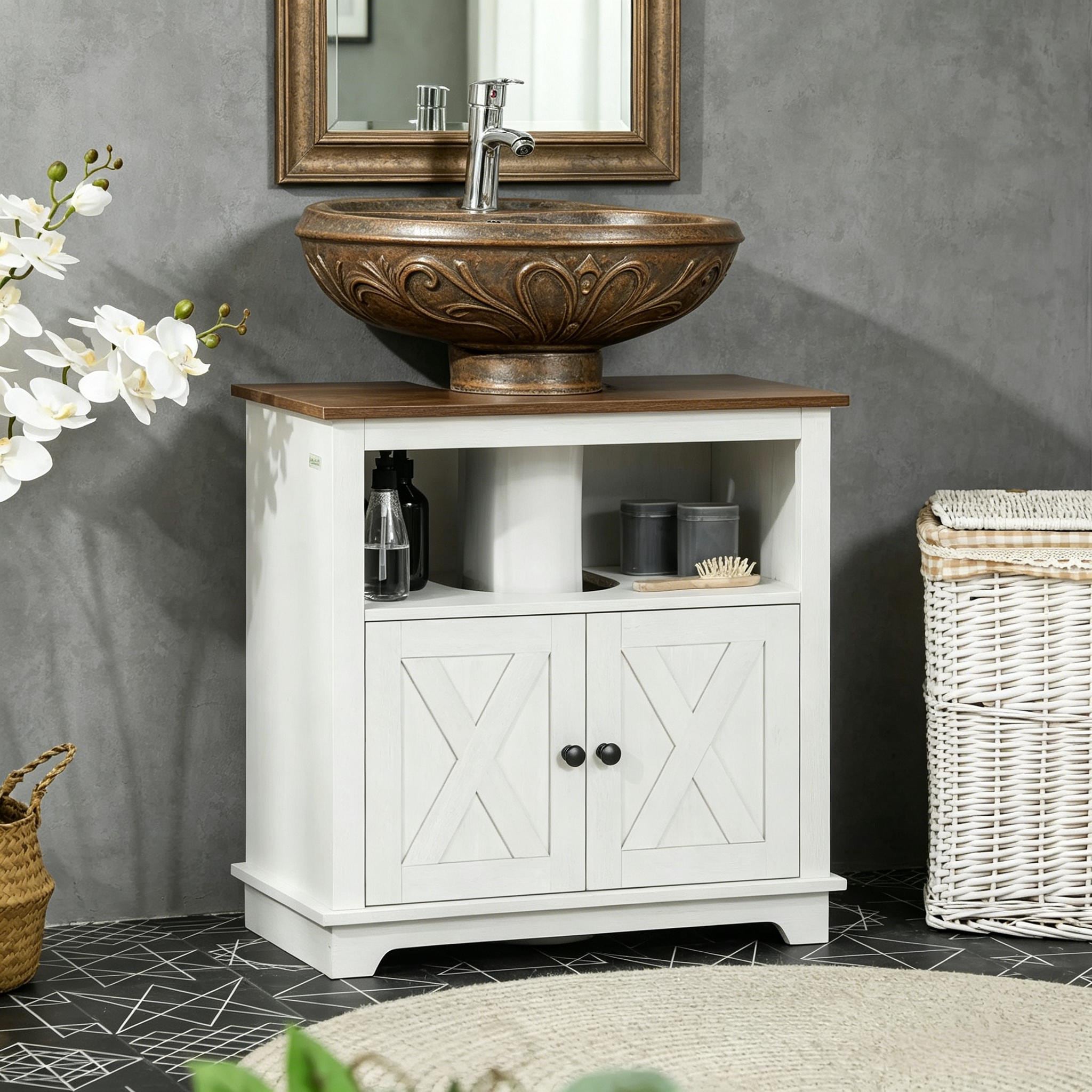 White Modern Farmhouse Bathroom Sink Cabinet, Pedestal Sink Storage Cabinet with Double Doors and Shelves