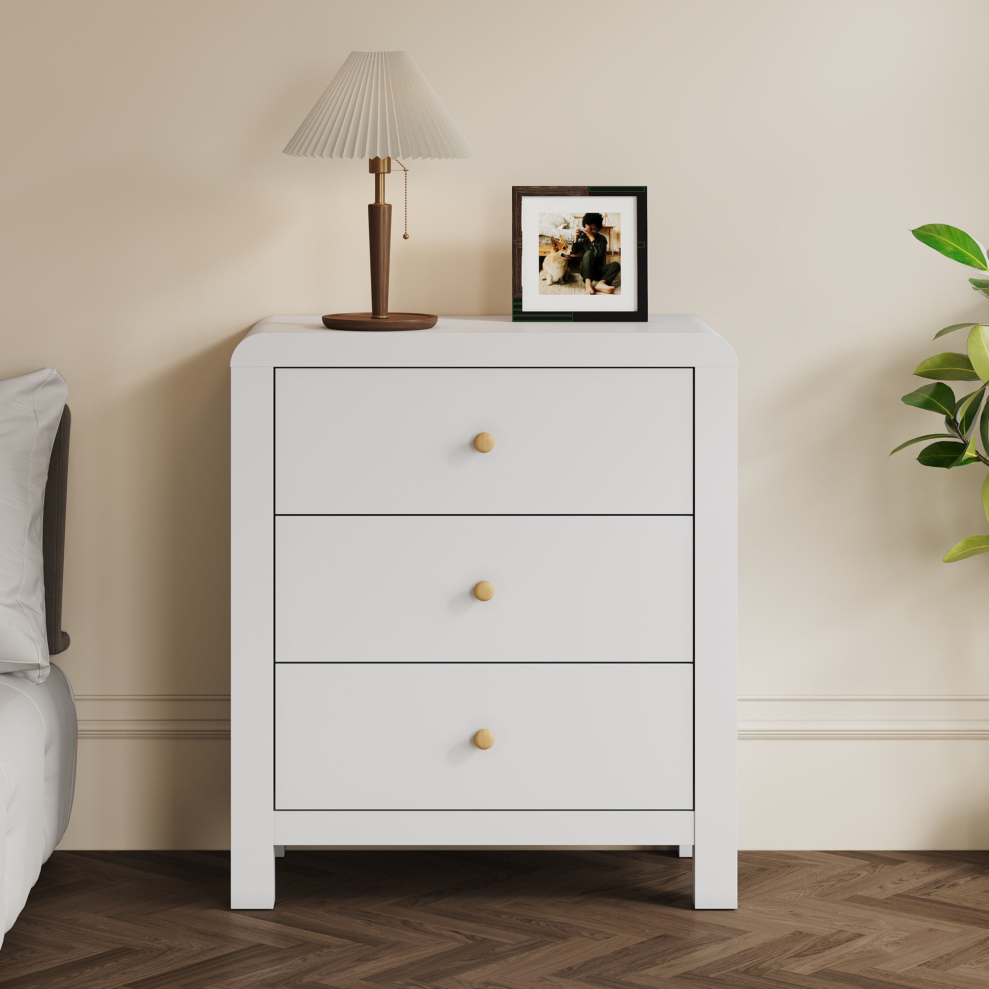 3 Drawer Dresser with Rounded Table Corners, Modern Chest of Drawers, Large Nightstand Side Table, Wood Storage Dressers Organizer for Bedroom, Living Room, Entryway, White/Natural Wood