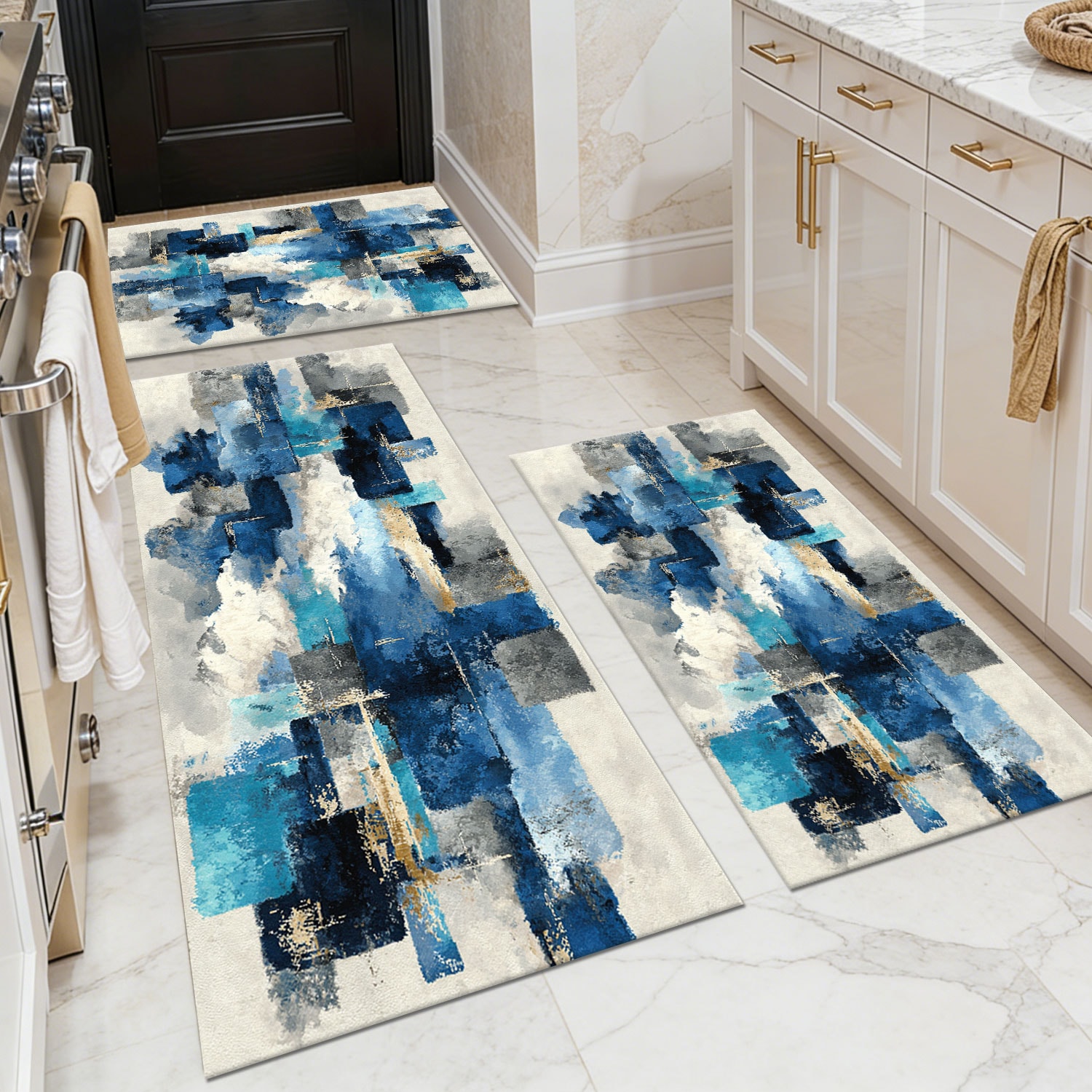Three-piece kitchen rug set, non-slip and washable, abstract pattern kitchen hallway rug, soft and comfortable, suitable for sinks, floors, entrances, hallways and bathrooms.