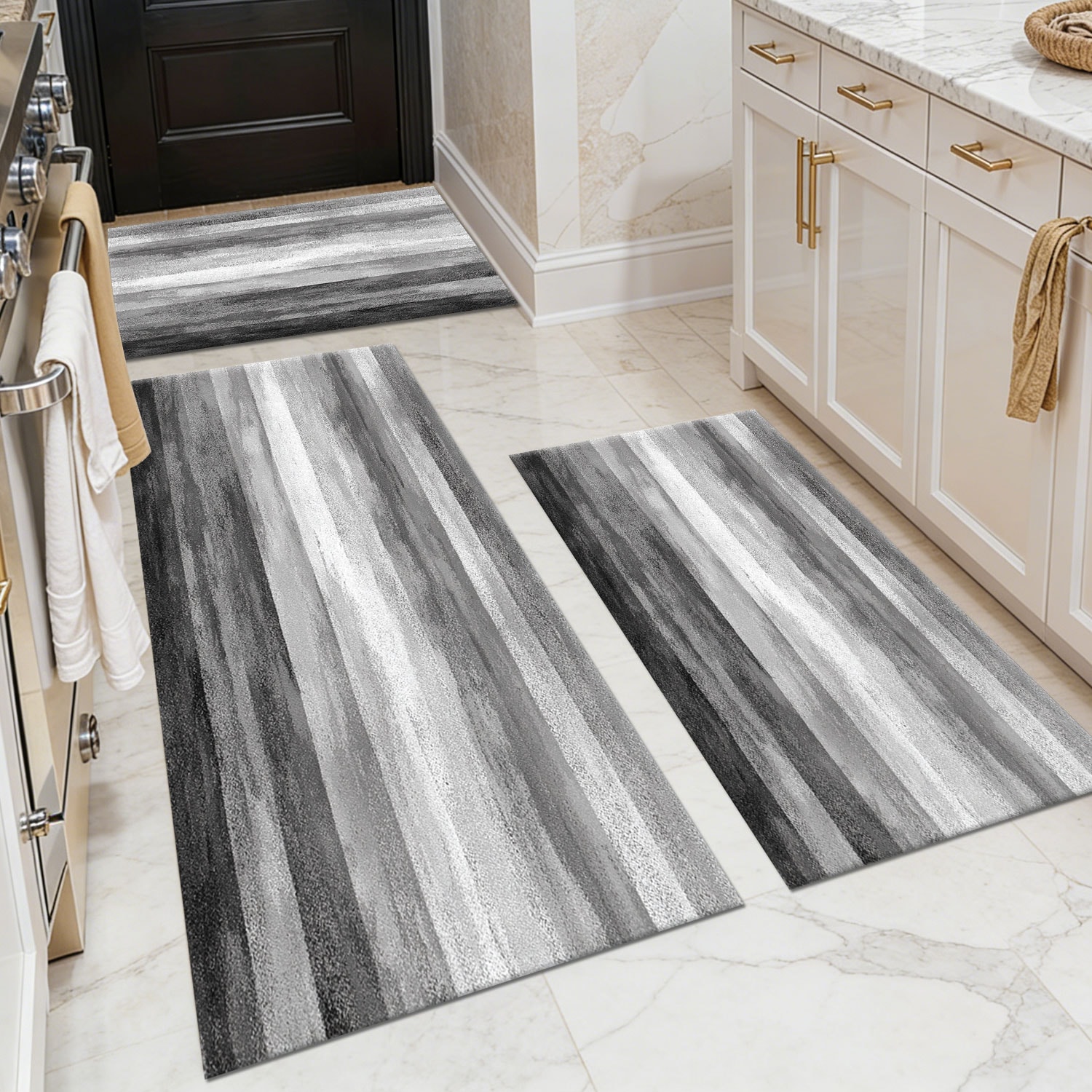 Three-piece kitchen rug set, non-slip and washable, abstract pattern kitchen hallway rug, soft and comfortable, suitable for sinks, floors, entrances, hallways and bathrooms.