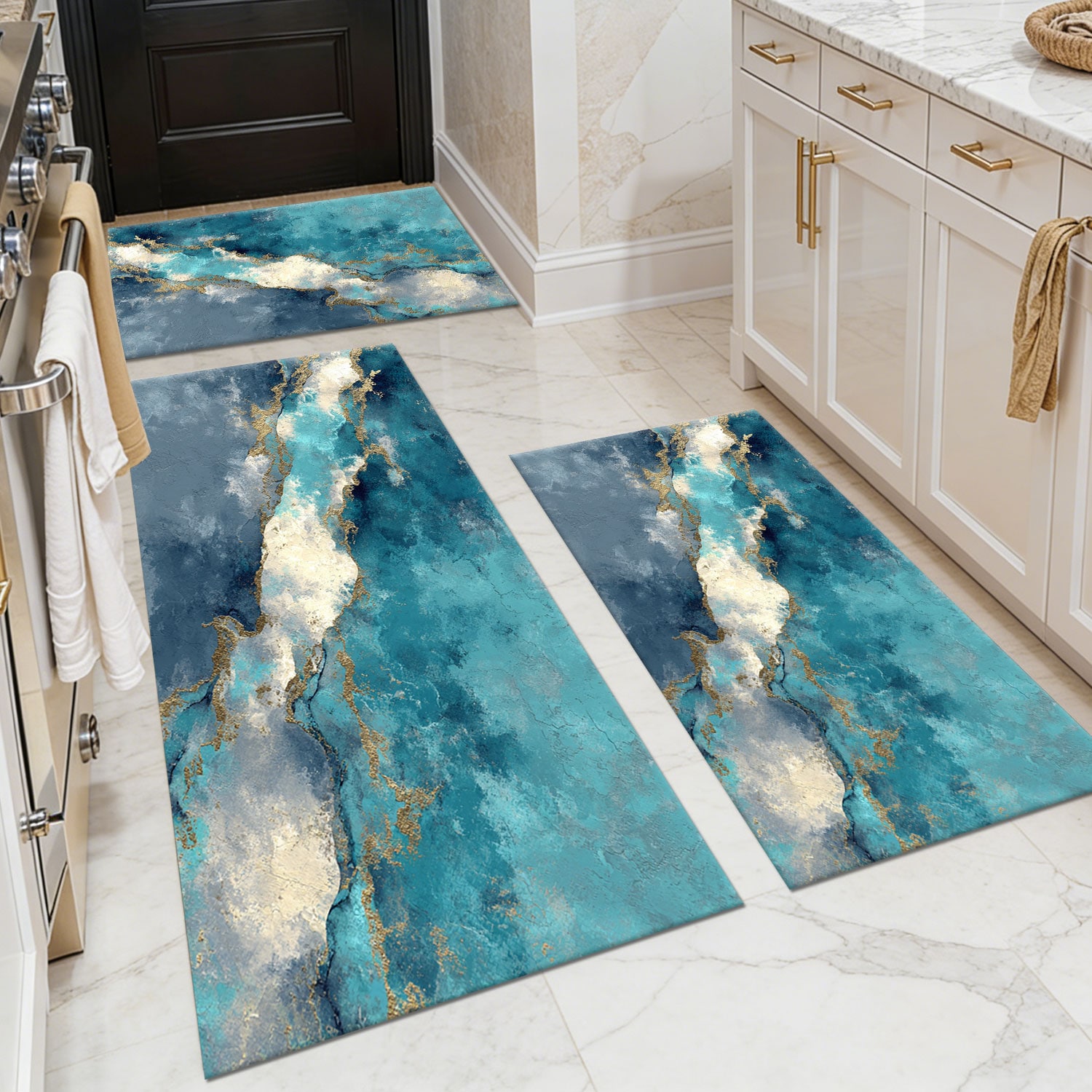Three-piece kitchen rug set, non-slip and washable, abstract pattern kitchen hallway rug, soft and comfortable, suitable for sinks, floors, entrances, hallways and bathrooms.