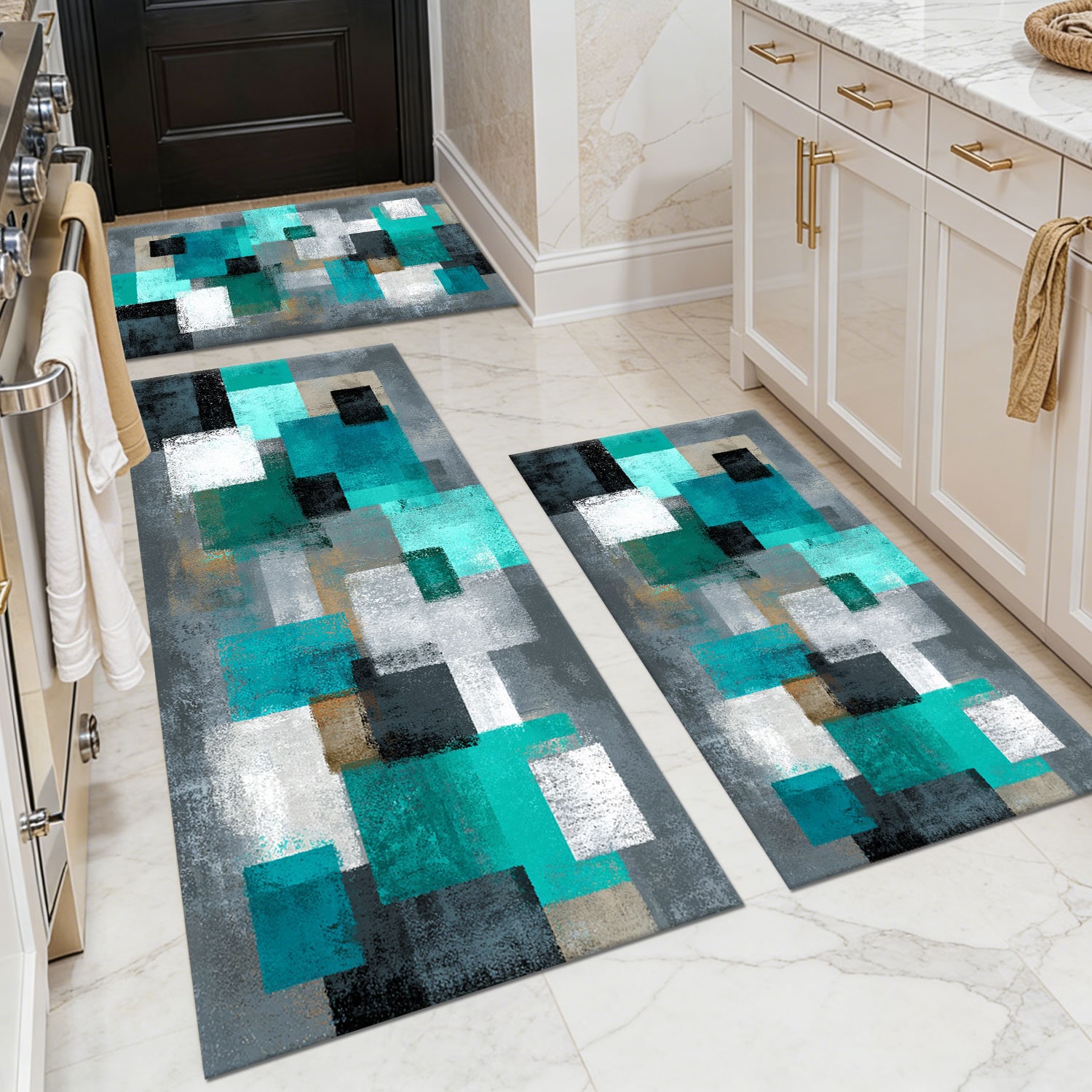Three-piece kitchen rug set, non-slip and washable, abstract pattern kitchen hallway rug, soft and comfortable, suitable for sinks, floors, entrances, hallways and bathrooms.