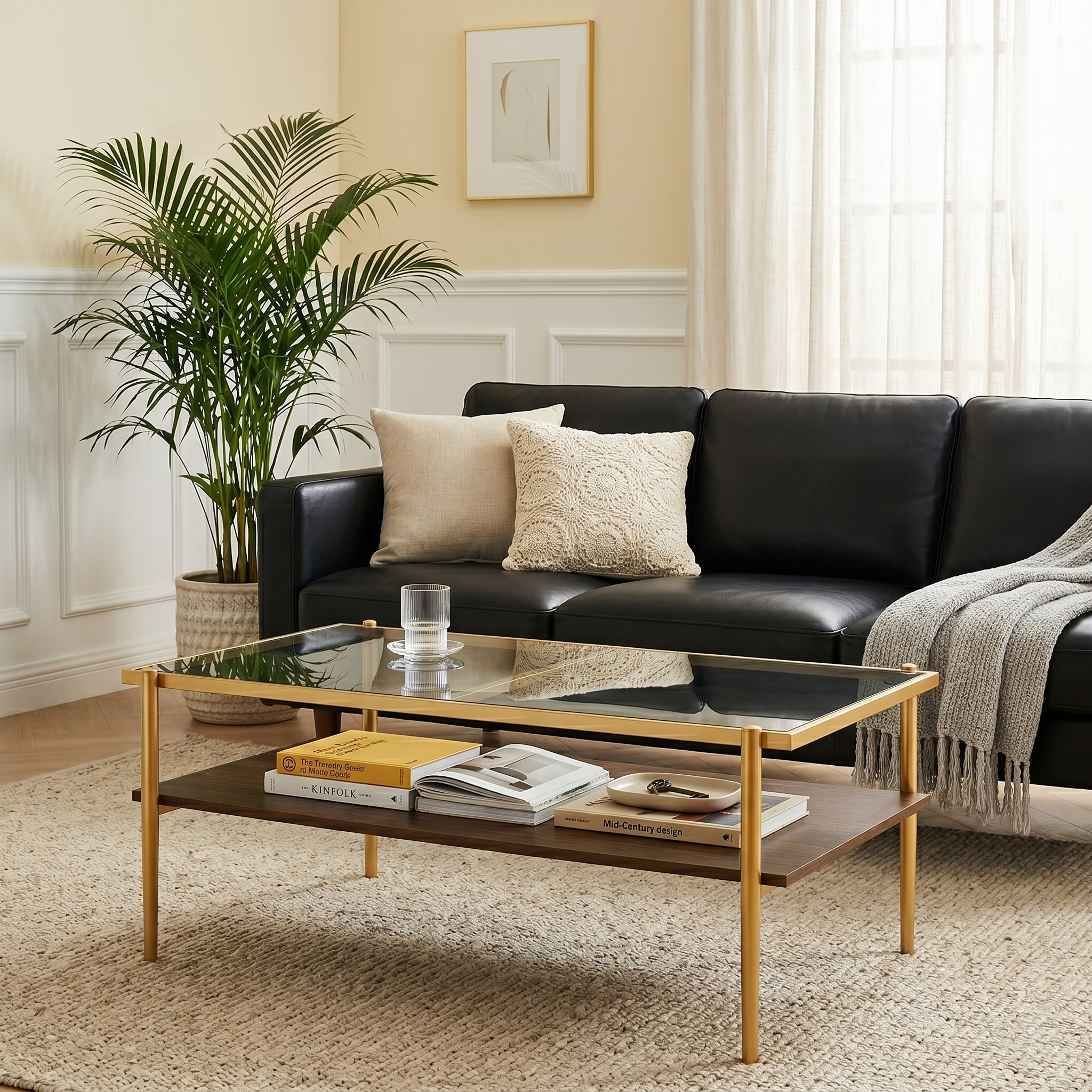 Modern Rectangular Coffee Table with Tempered Gray Glass Top and MDF Layer – Table for Living Room,Golden Legs