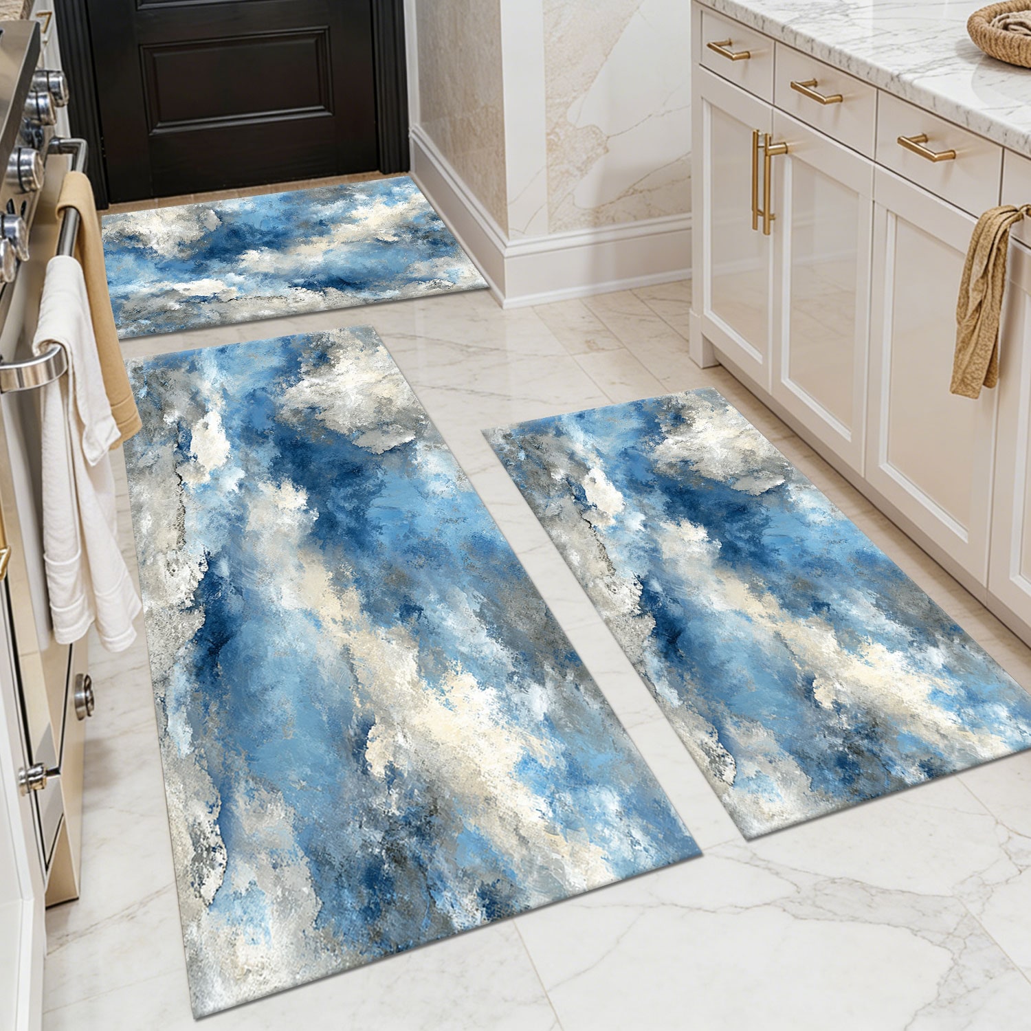 Three-piece kitchen rug set, non-slip and washable, abstract pattern kitchen hallway rug, soft and comfortable, suitable for sinks, floors, entrances, hallways and bathrooms.
