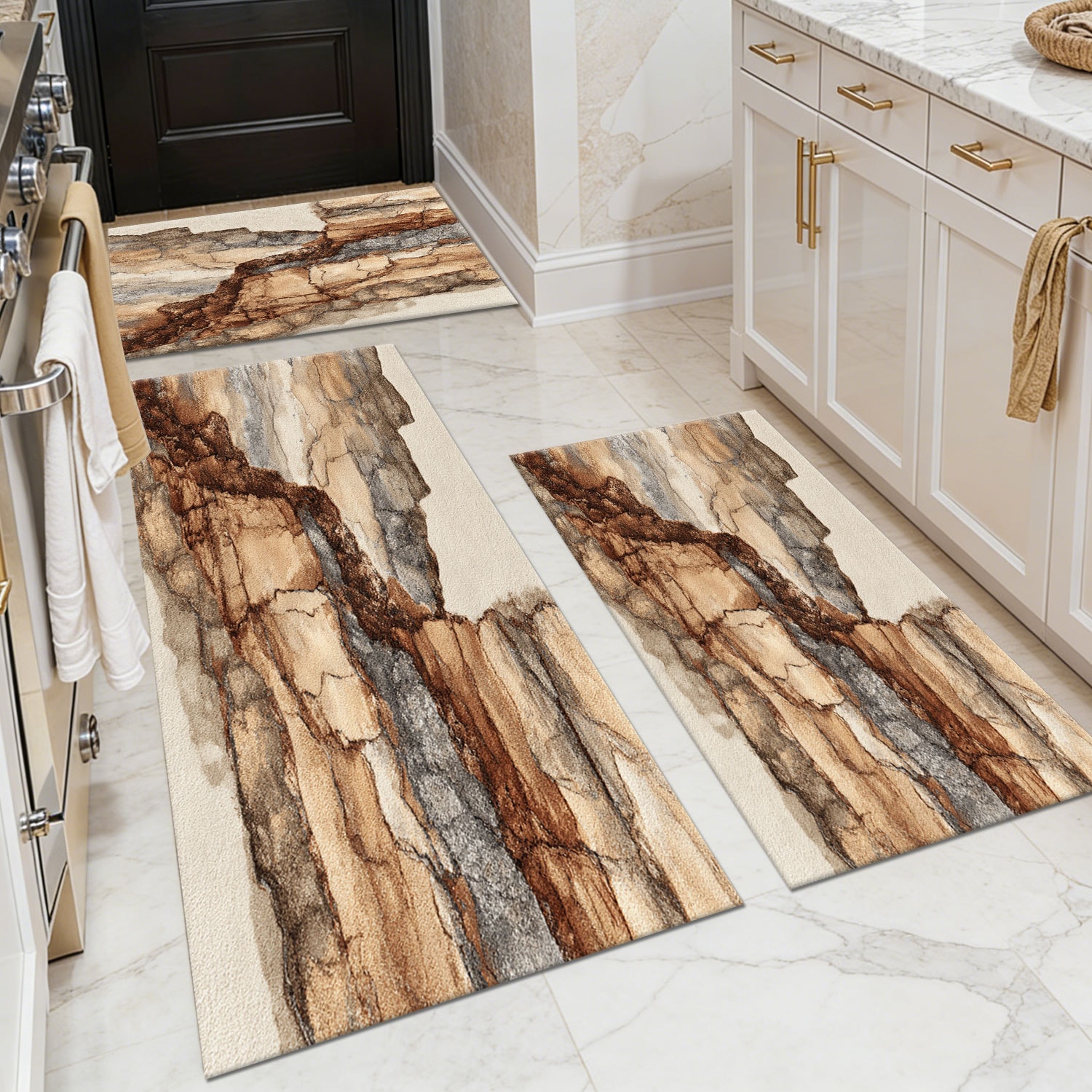 Three-piece kitchen rug set, non-slip and washable, abstract pattern kitchen hallway rug, soft and comfortable, suitable for sinks, floors, entrances, hallways and bathrooms.
