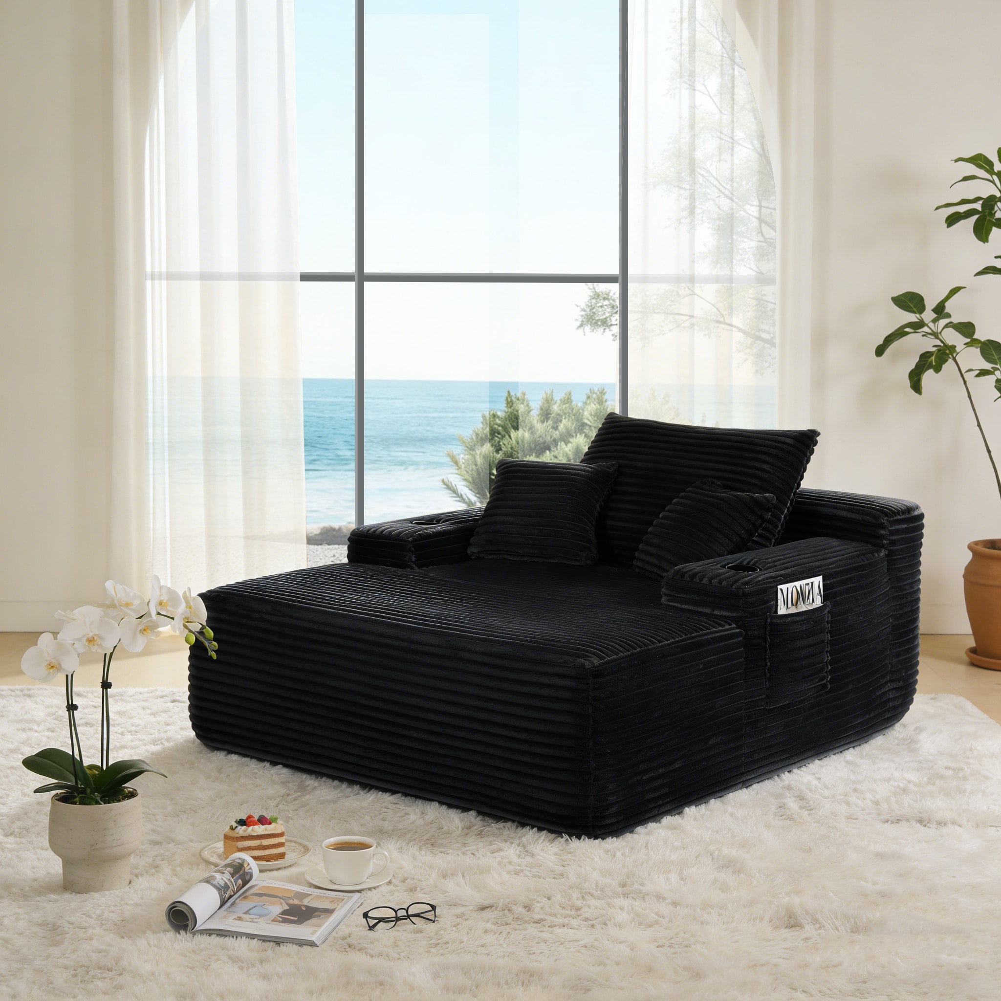 NEW Convertible Chaise Lounge Chair Plush with Wide Armrest & Throw Pillows, Cozy Boneless Sleeper Sofa Bed Armchair, with cup holder,for Living Room, Bedroom, No Assembly Required,Black
