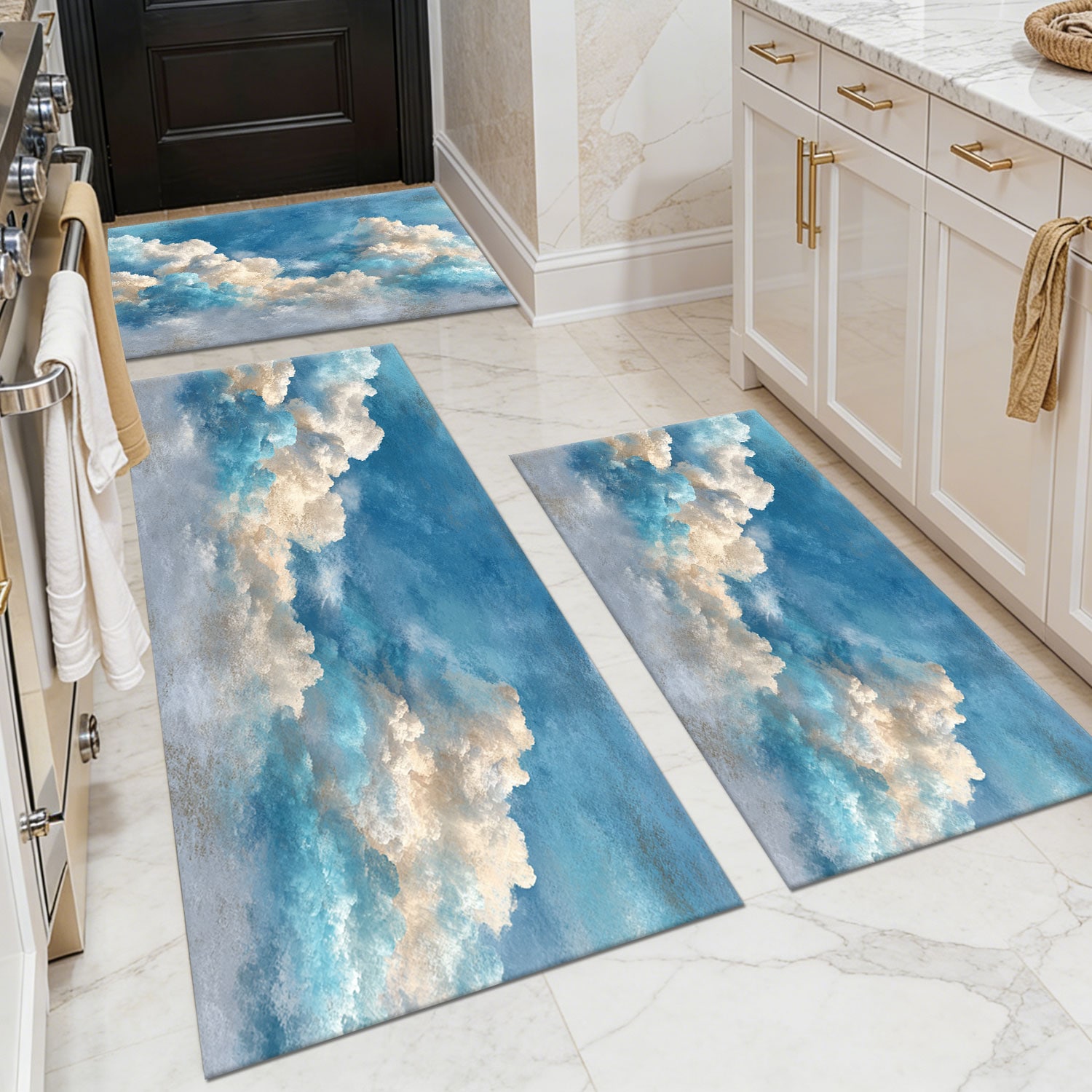 Three-piece kitchen rug set, non-slip and washable, abstract pattern kitchen hallway rug, soft and comfortable, suitable for sinks, floors, entrances, hallways and bathrooms.