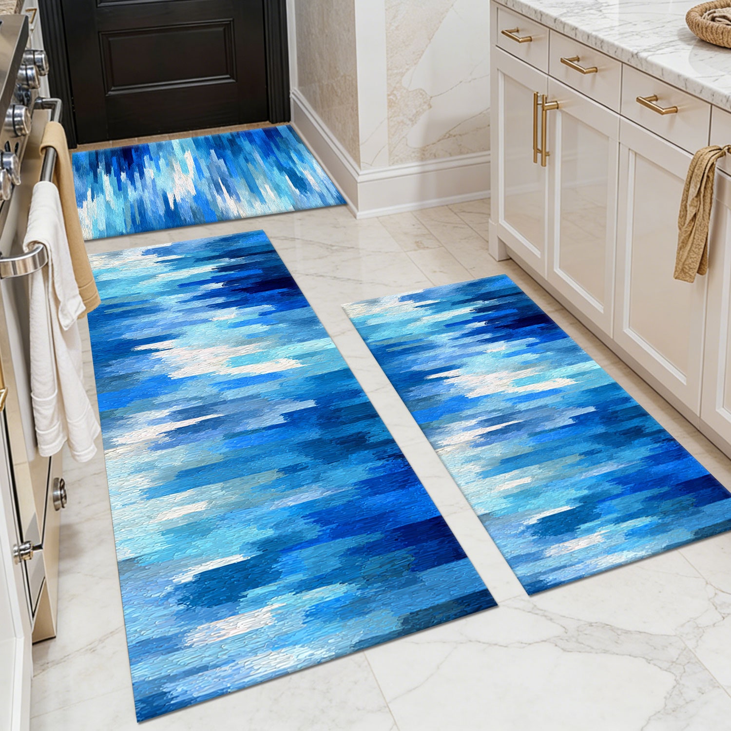 Three-piece kitchen rug set, non-slip and washable, abstract pattern kitchen hallway rug, soft and comfortable, suitable for sinks, floors, entrances, hallways and bathrooms.