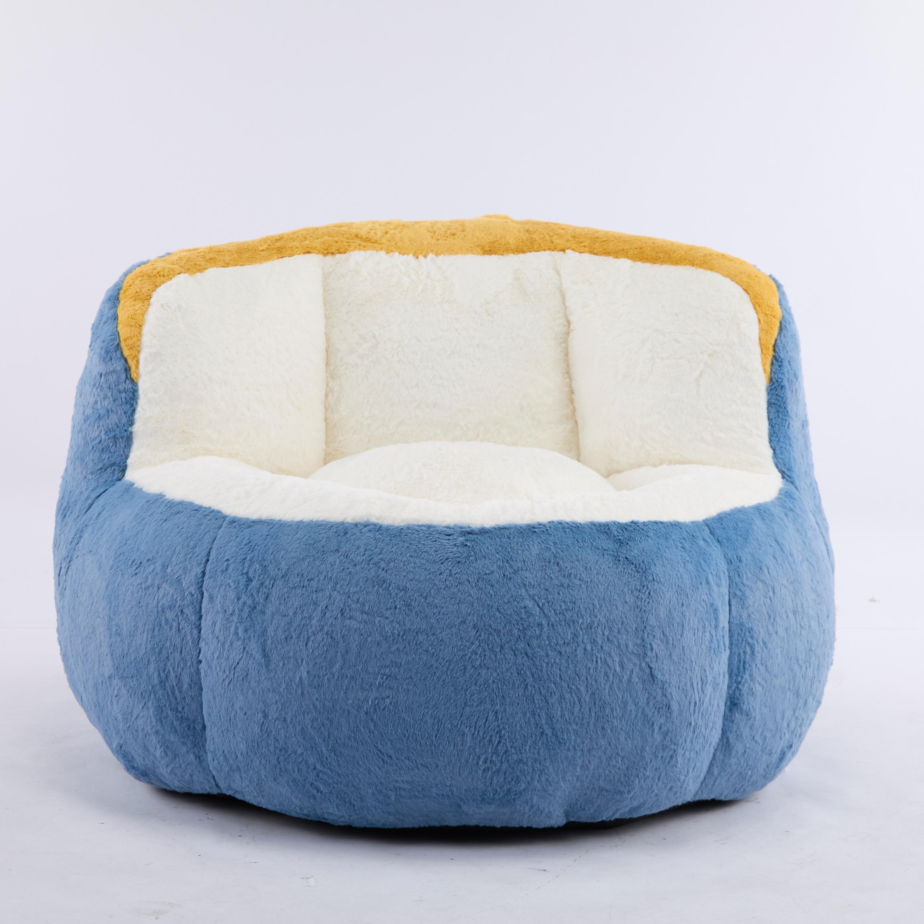 Oversized Bean Bag Chairs,Multicolor Faux Fur Couch Filled with Shredded Sponge,Large Lounger Sofa For Living Room,No Assembly Required , Blue+White+Yellow