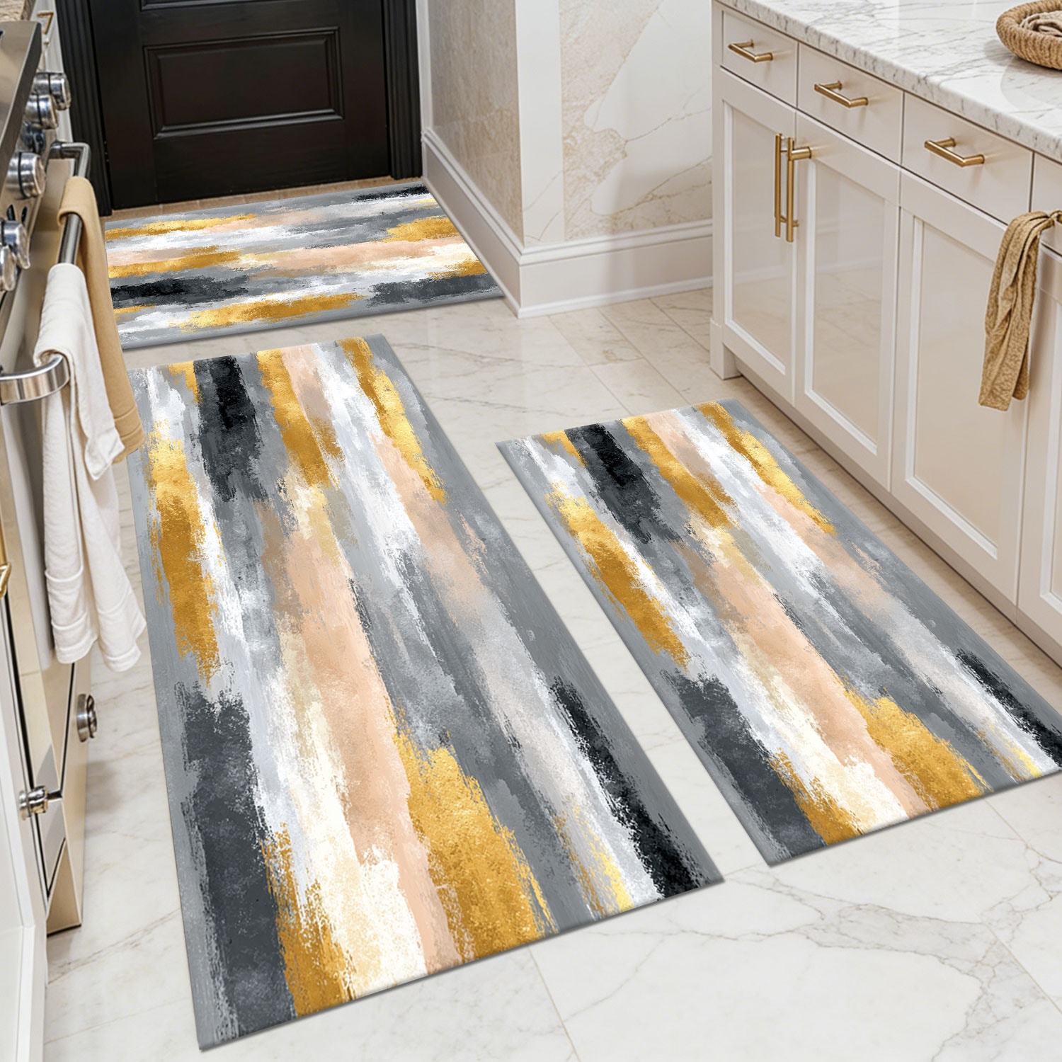 Three-piece kitchen rug set, non-slip and washable, abstract pattern kitchen hallway rug, soft and comfortable, suitable for sinks, floors, entrances, hallways and bathrooms.