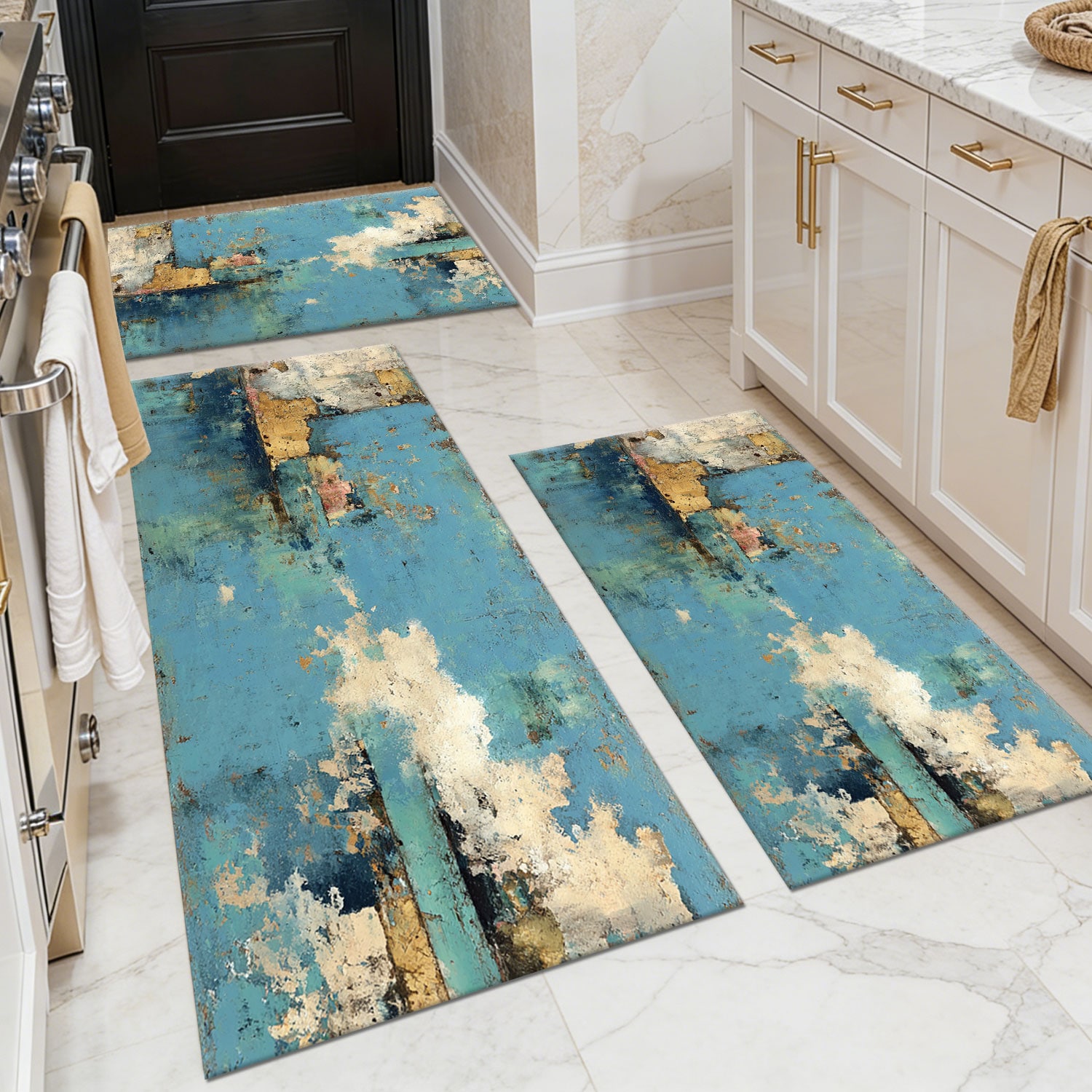 Three-piece kitchen rug set, non-slip and washable, abstract pattern kitchen hallway rug, soft and comfortable, suitable for sinks, floors, entrances, hallways and bathrooms.