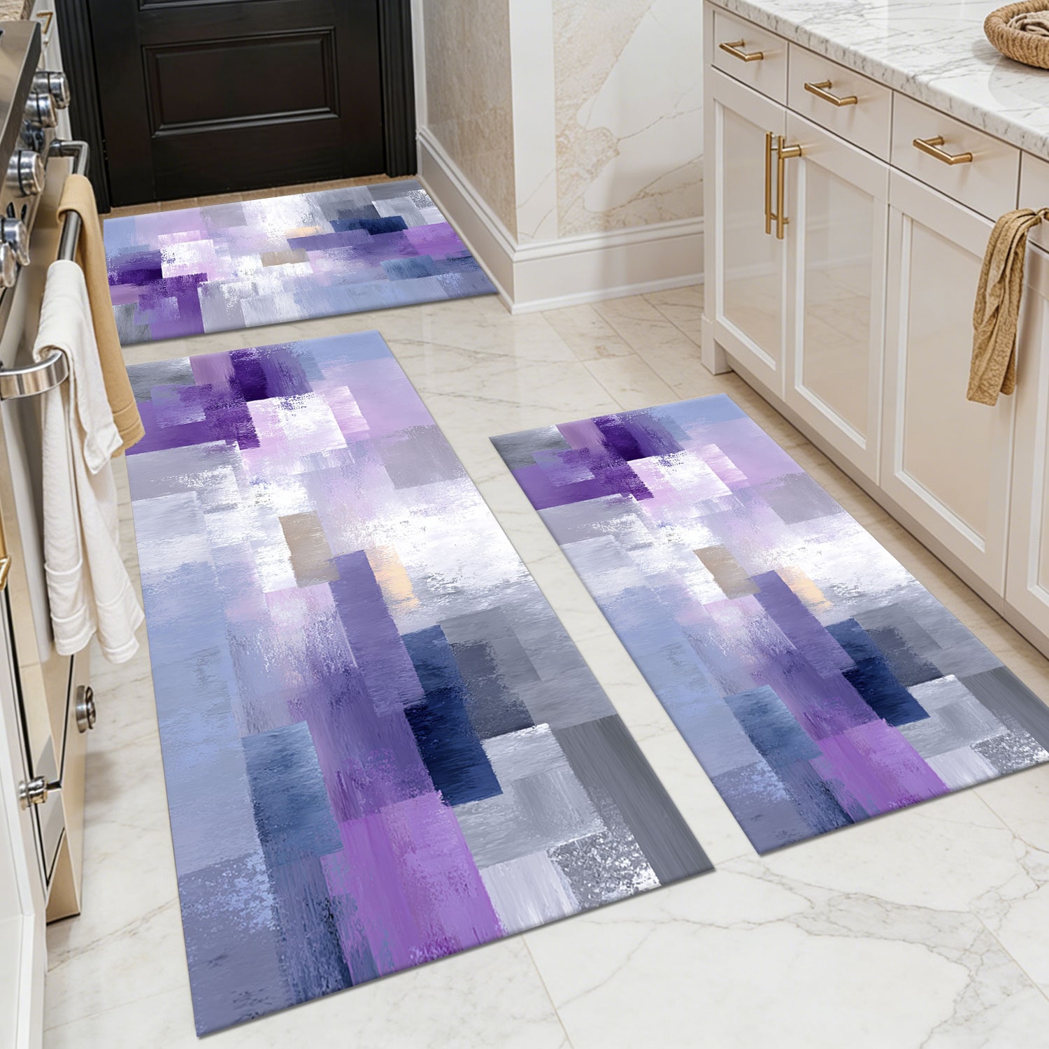 Three-piece kitchen rug set, non-slip and washable, abstract pattern kitchen hallway rug, soft and comfortable, suitable for sinks, floors, entrances, hallways and bathrooms.