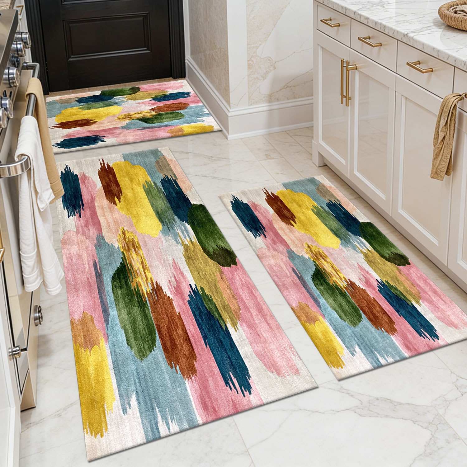 Three-piece kitchen rug set, non-slip and washable, abstract pattern kitchen hallway rug, soft and comfortable, suitable for sinks, floors, entrances, hallways and bathrooms.